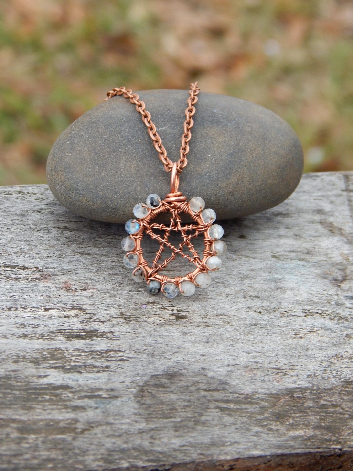 Rainbow moonstone pentacle necklace pendant