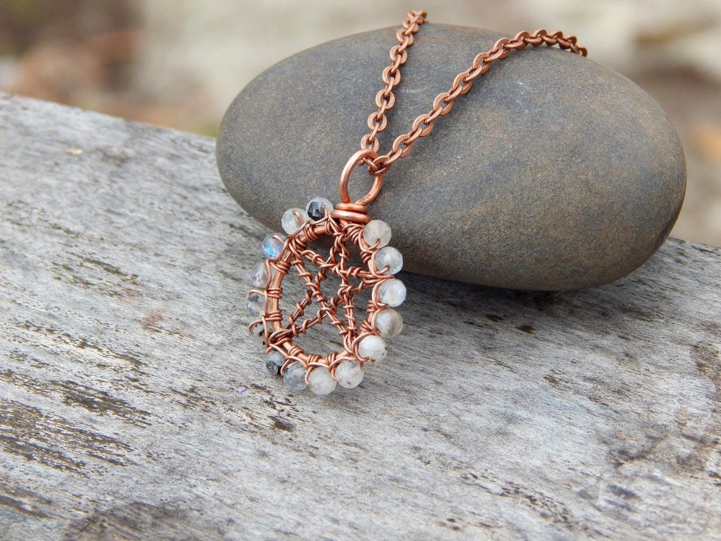 Rainbow moonstone pentacle necklace pendant