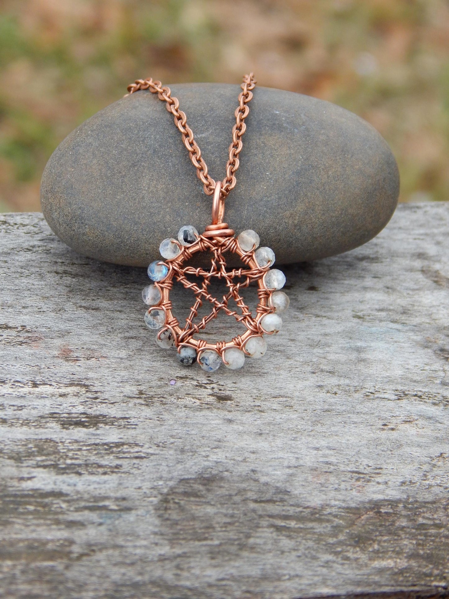Rainbow moonstone pentacle necklace pendant
