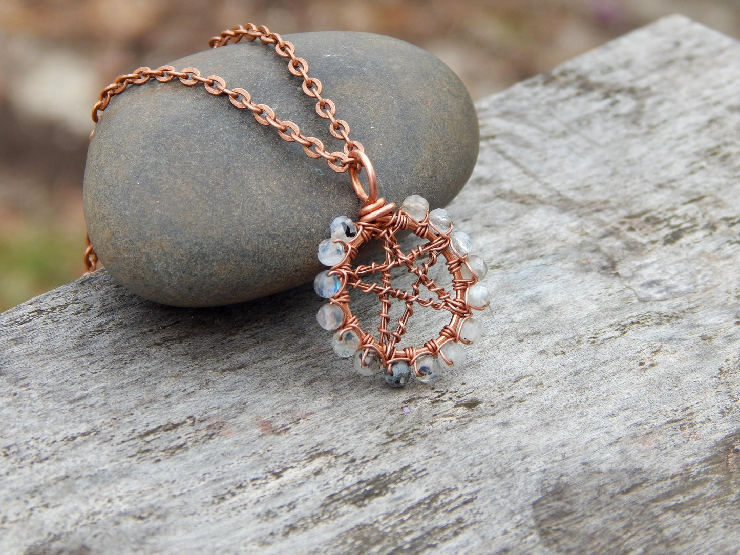 Rainbow moonstone pentacle necklace pendant