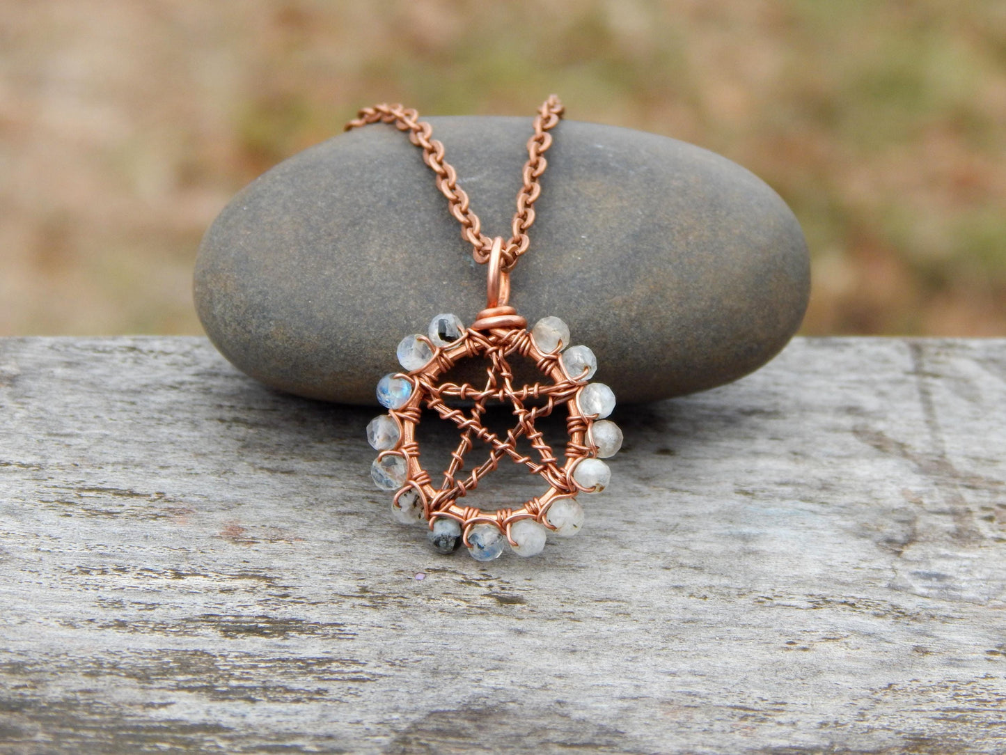 Rainbow moonstone pentacle necklace pendant