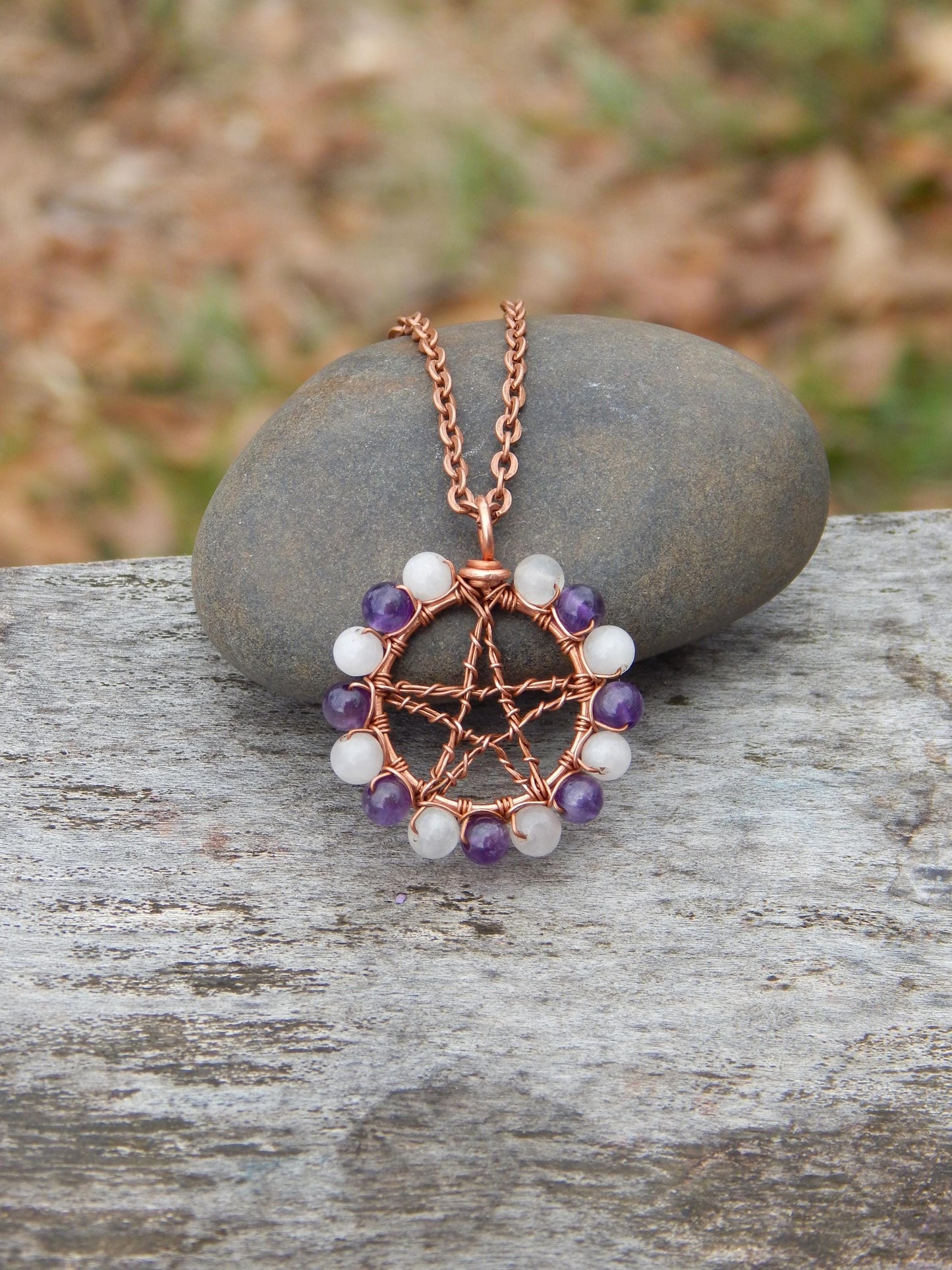 Rose quartz and amethyst pentacle pendant