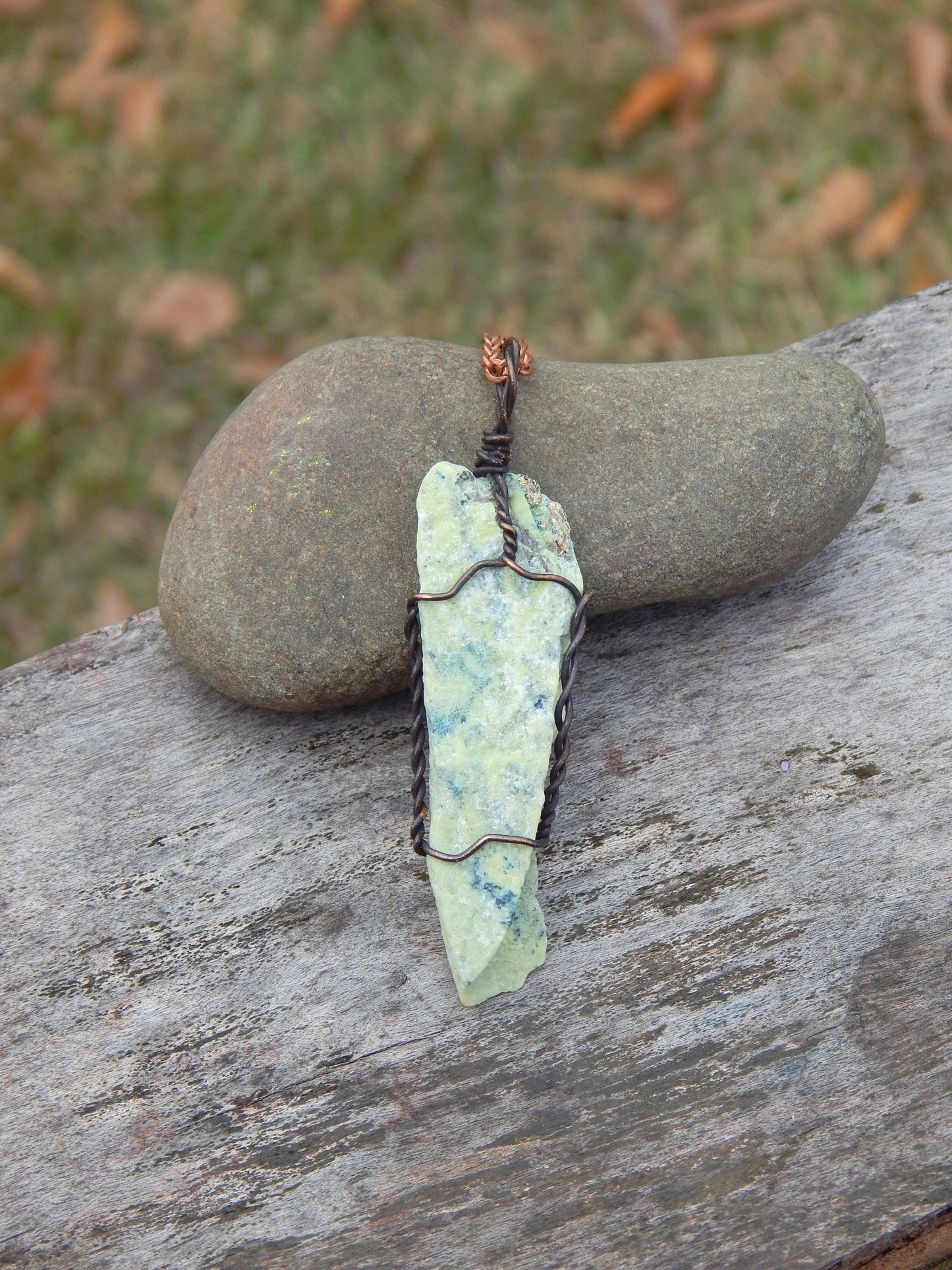 Raw serpentine copper wire wrap pendant