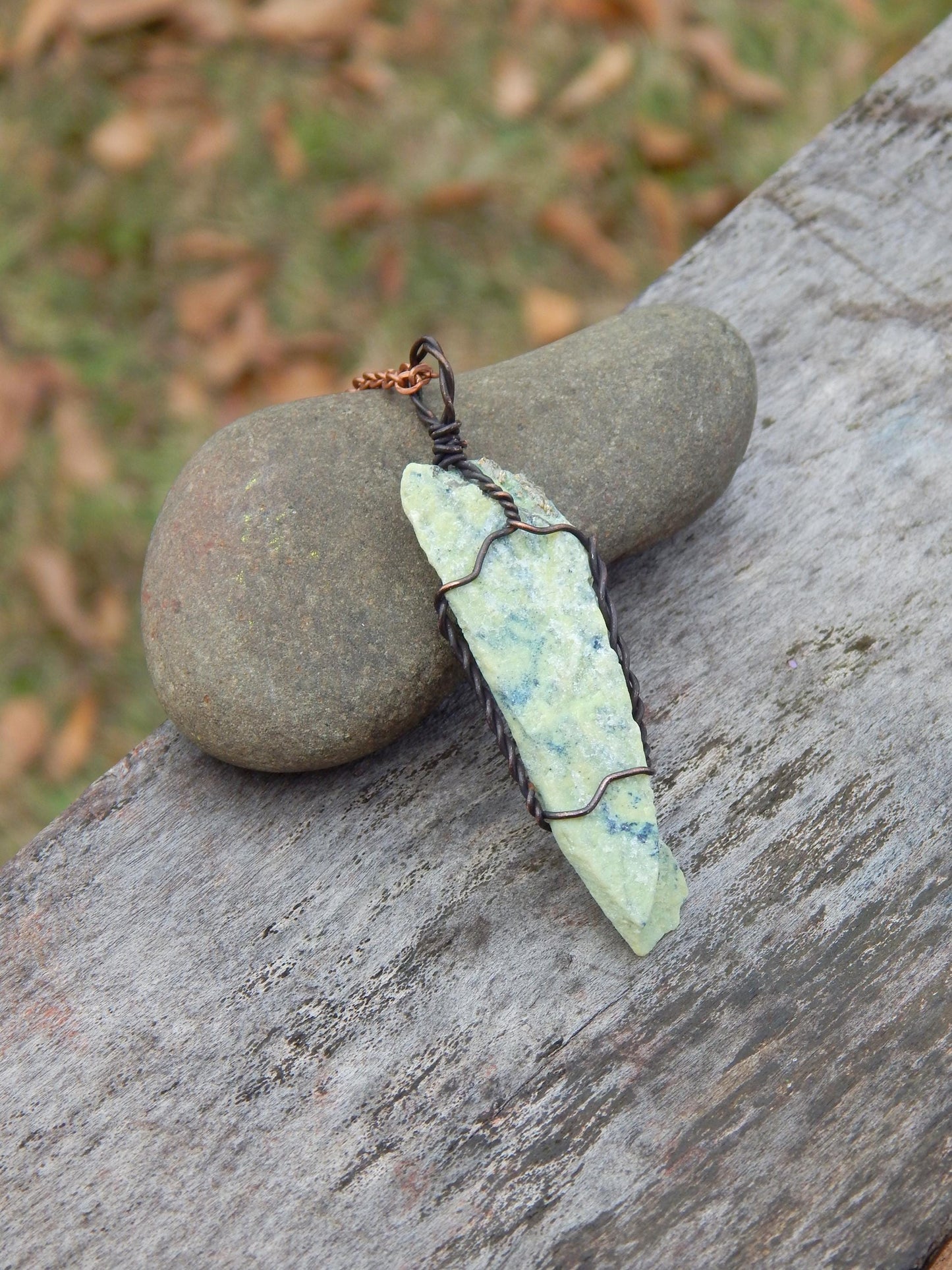 Raw serpentine copper wire wrap pendant