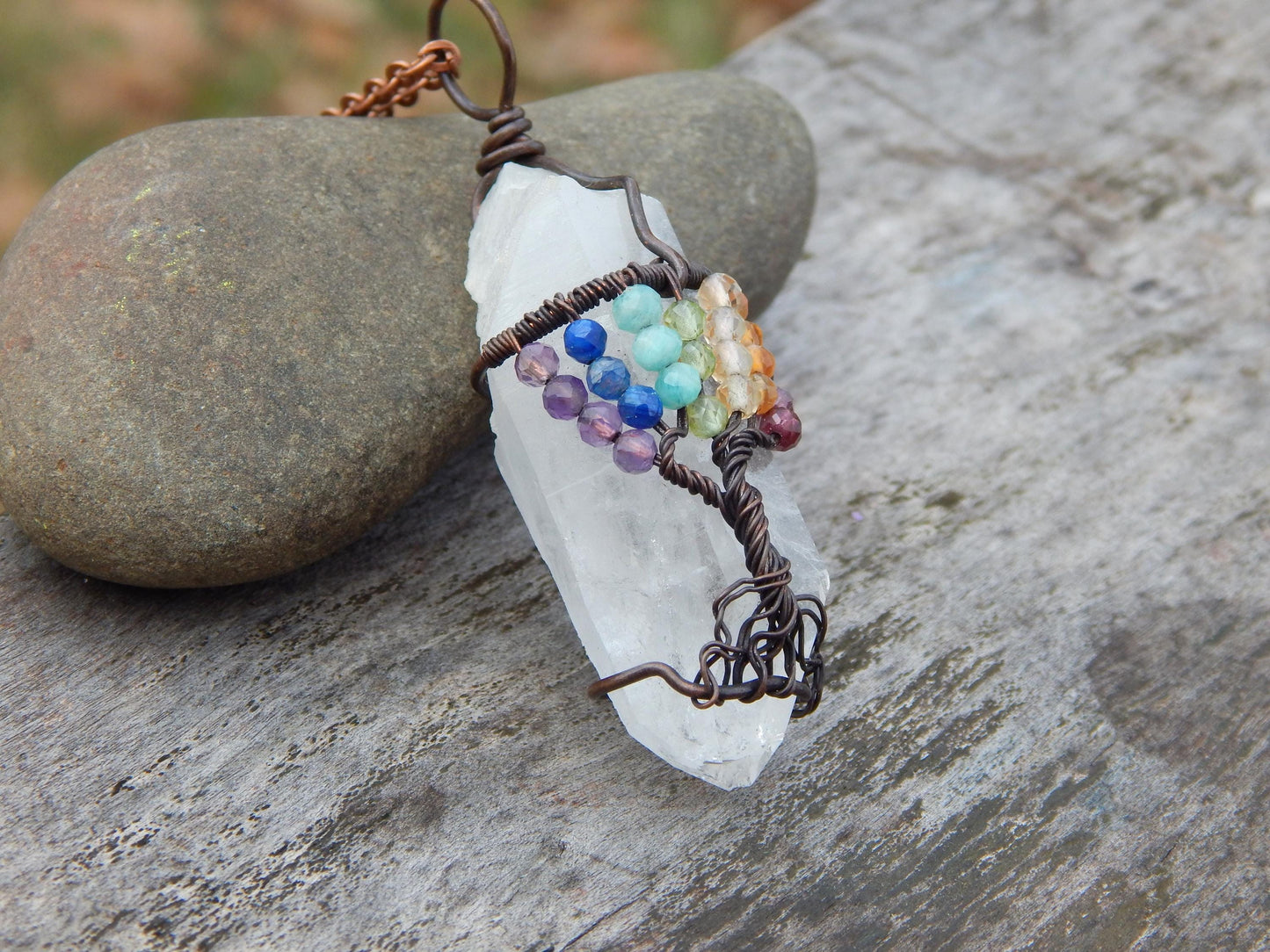 Chakra tree of life crystal wire wrapped pendant