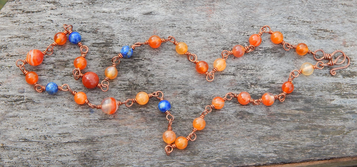 Carnelian and lapis beaded copper chain