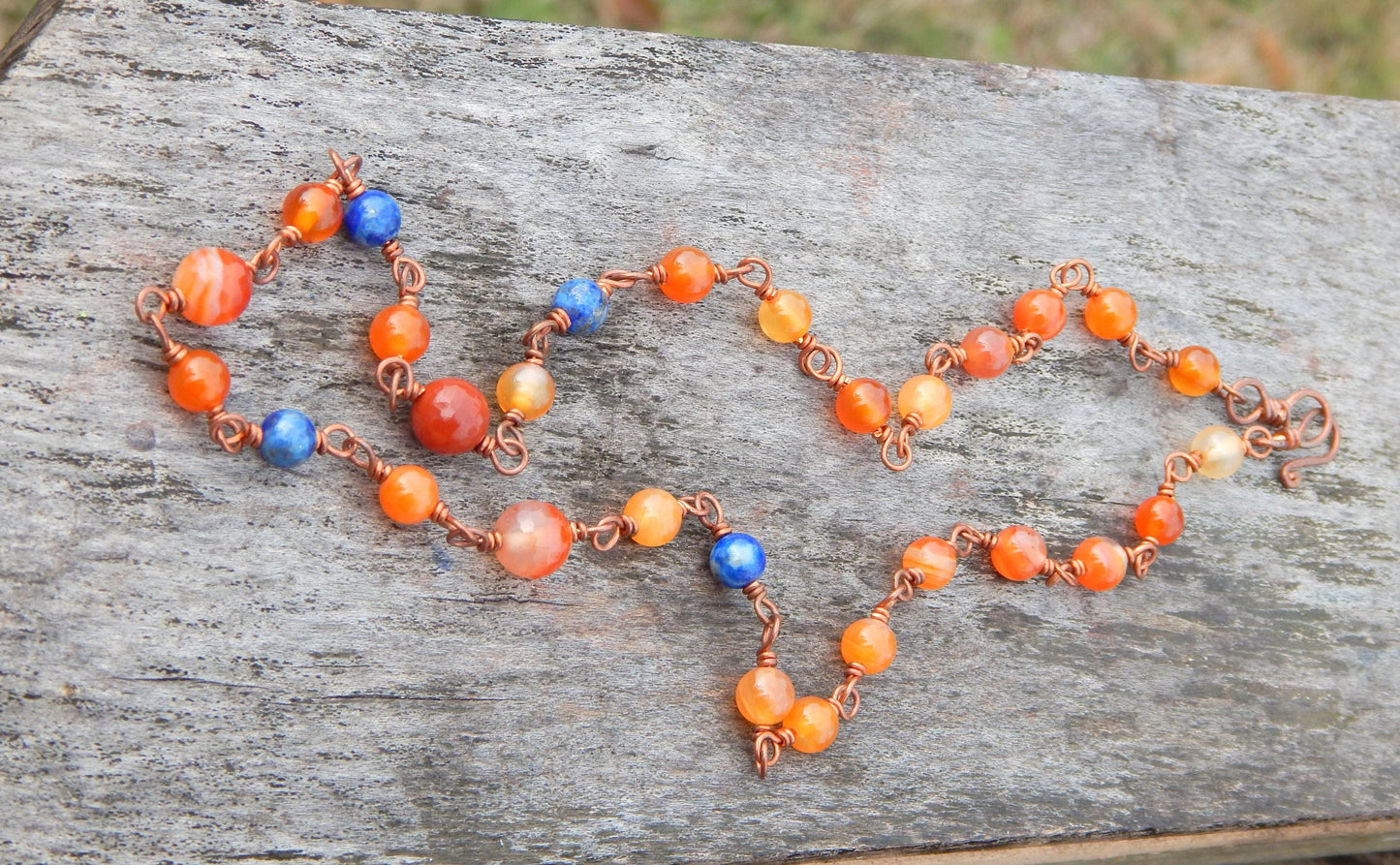 Carnelian and lapis beaded copper chain