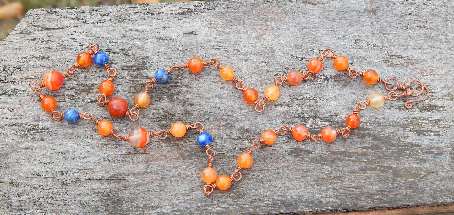 Carnelian and lapis beaded copper chain