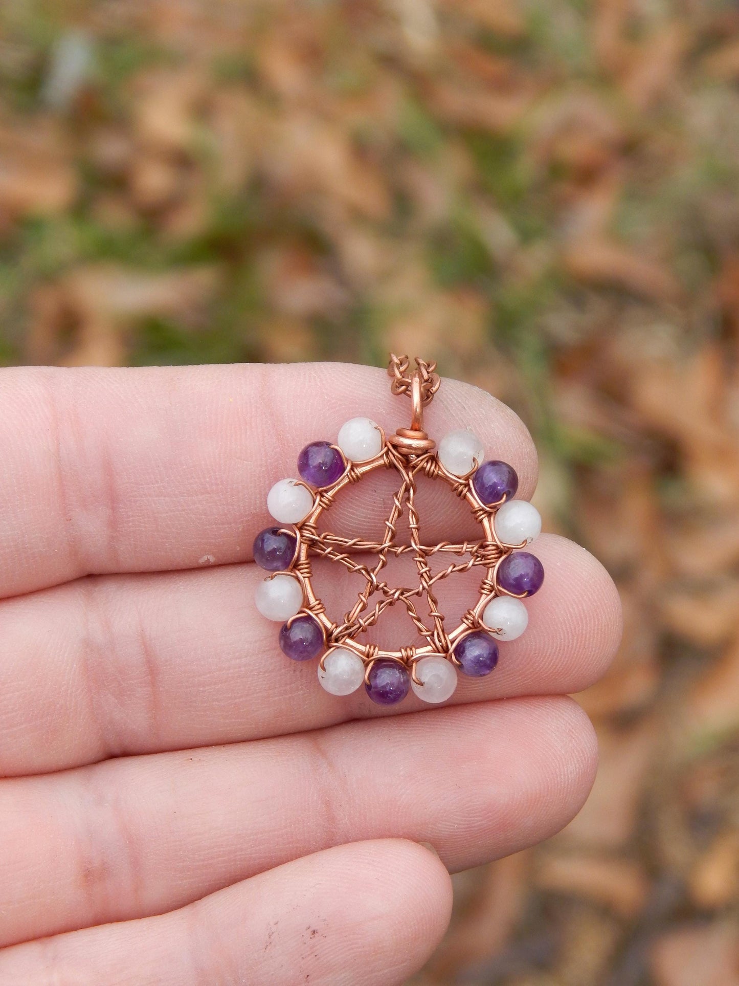Rose quartz and amethyst pentacle pendant