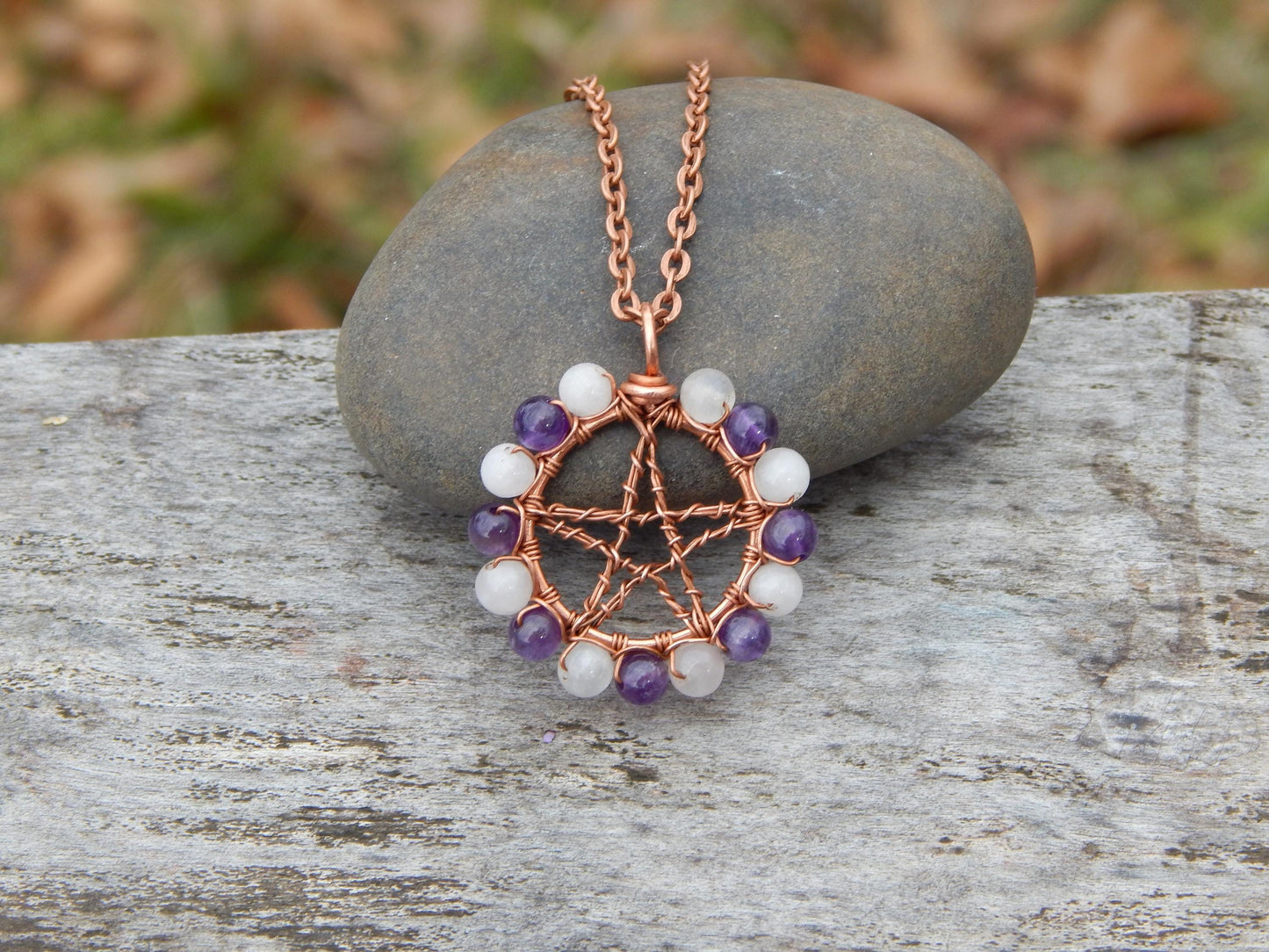 Rose quartz and amethyst pentacle pendant