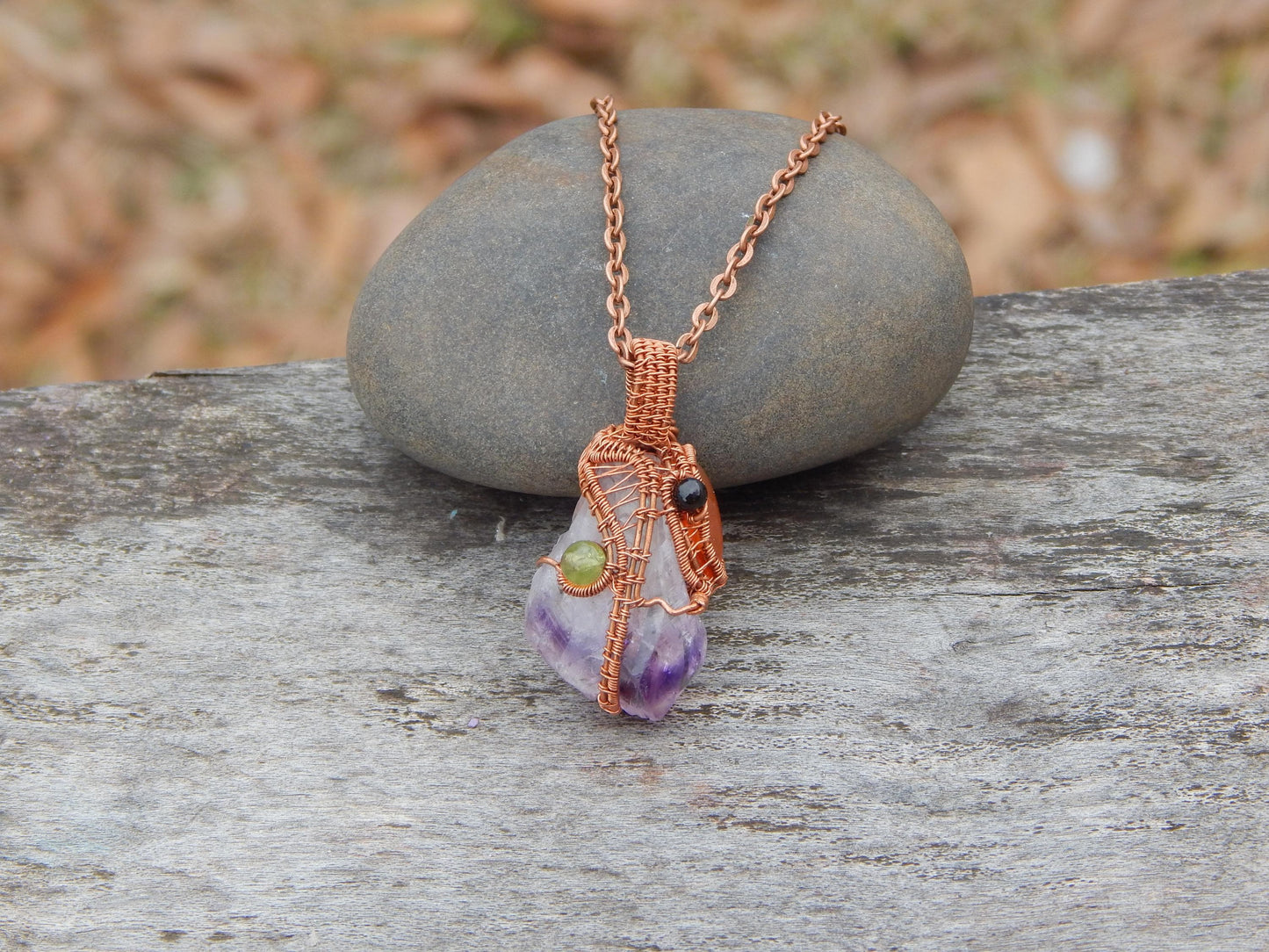 Wire wrapped amethyst crystal pendant