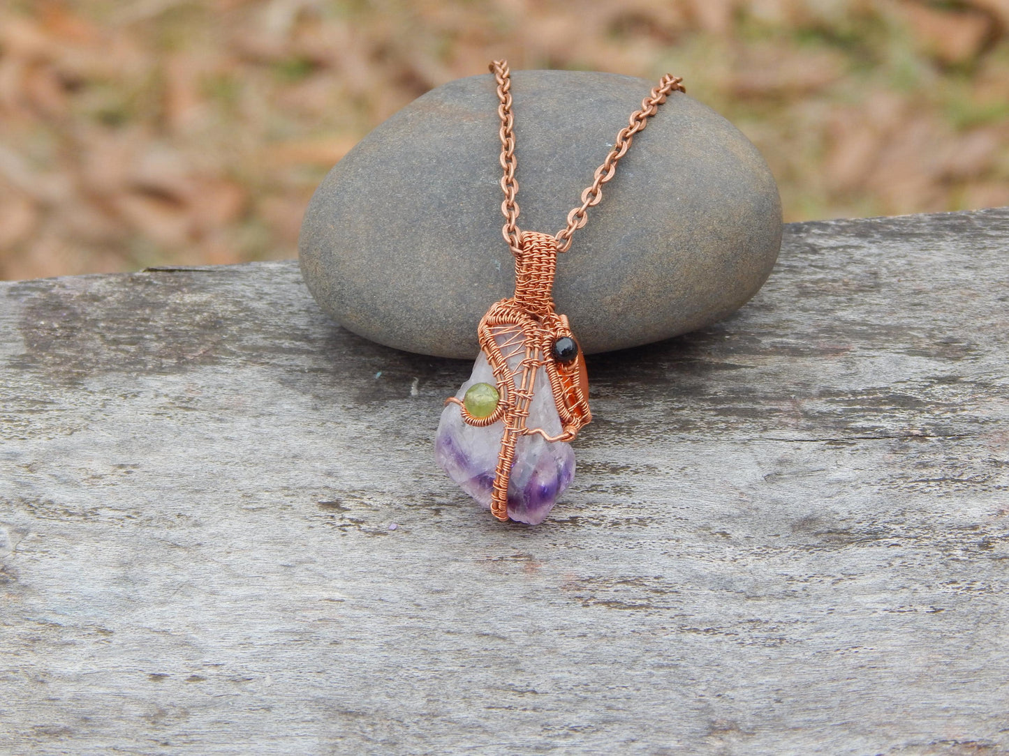 Wire wrapped amethyst crystal pendant