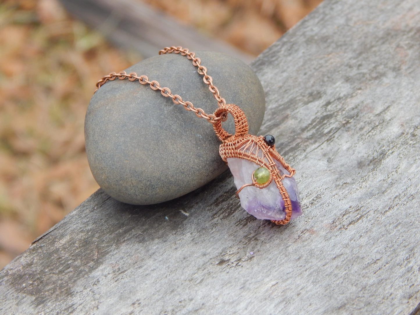 Wire wrapped amethyst crystal pendant