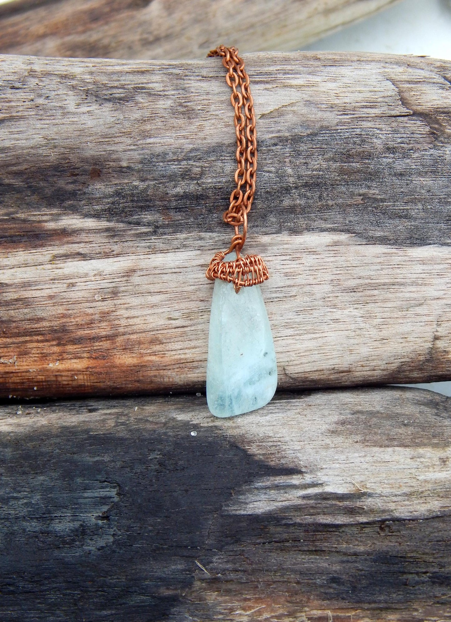 Aquamarine copper wire wrap pendant