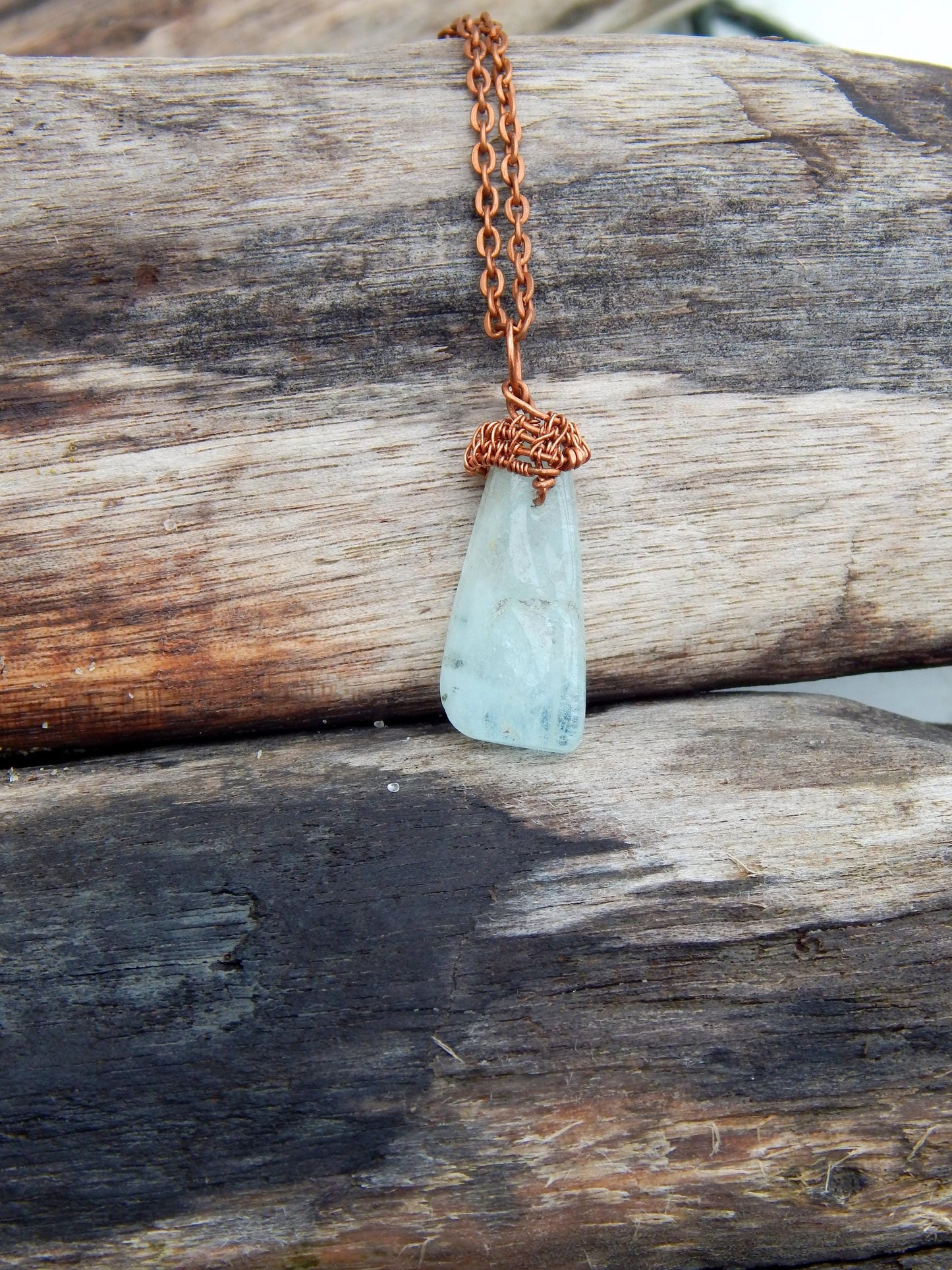 Aquamarine copper wire wrap pendant