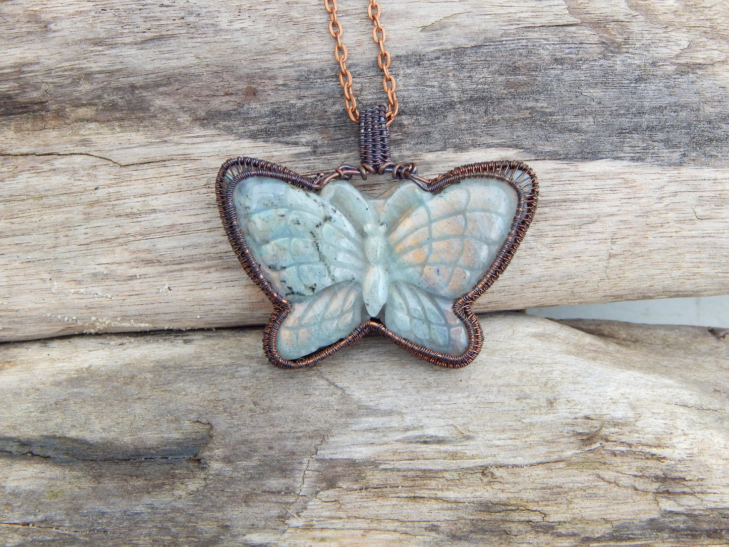 Labradorite wire wrapped butterfly pendant