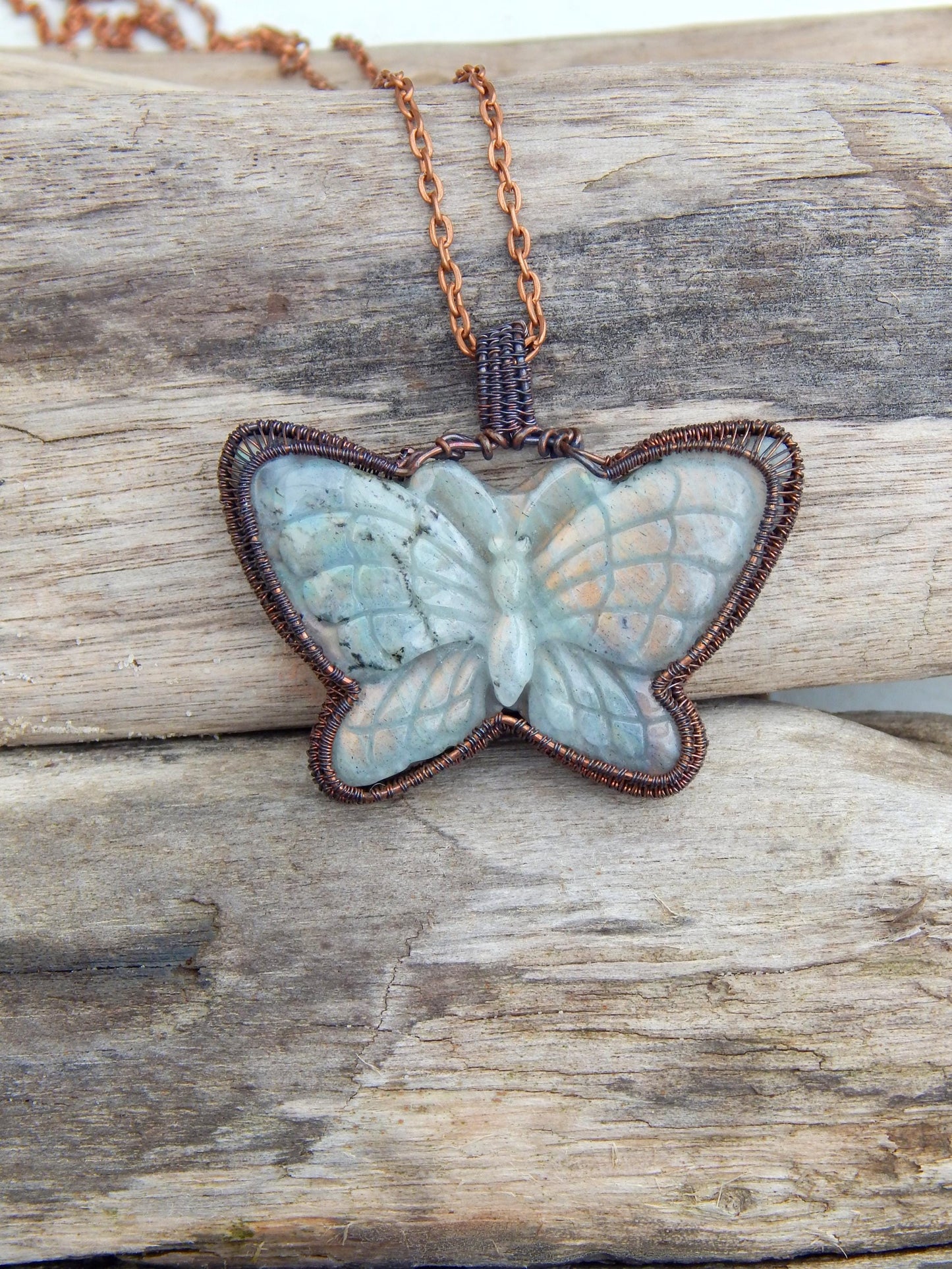 Labradorite wire wrapped butterfly pendant