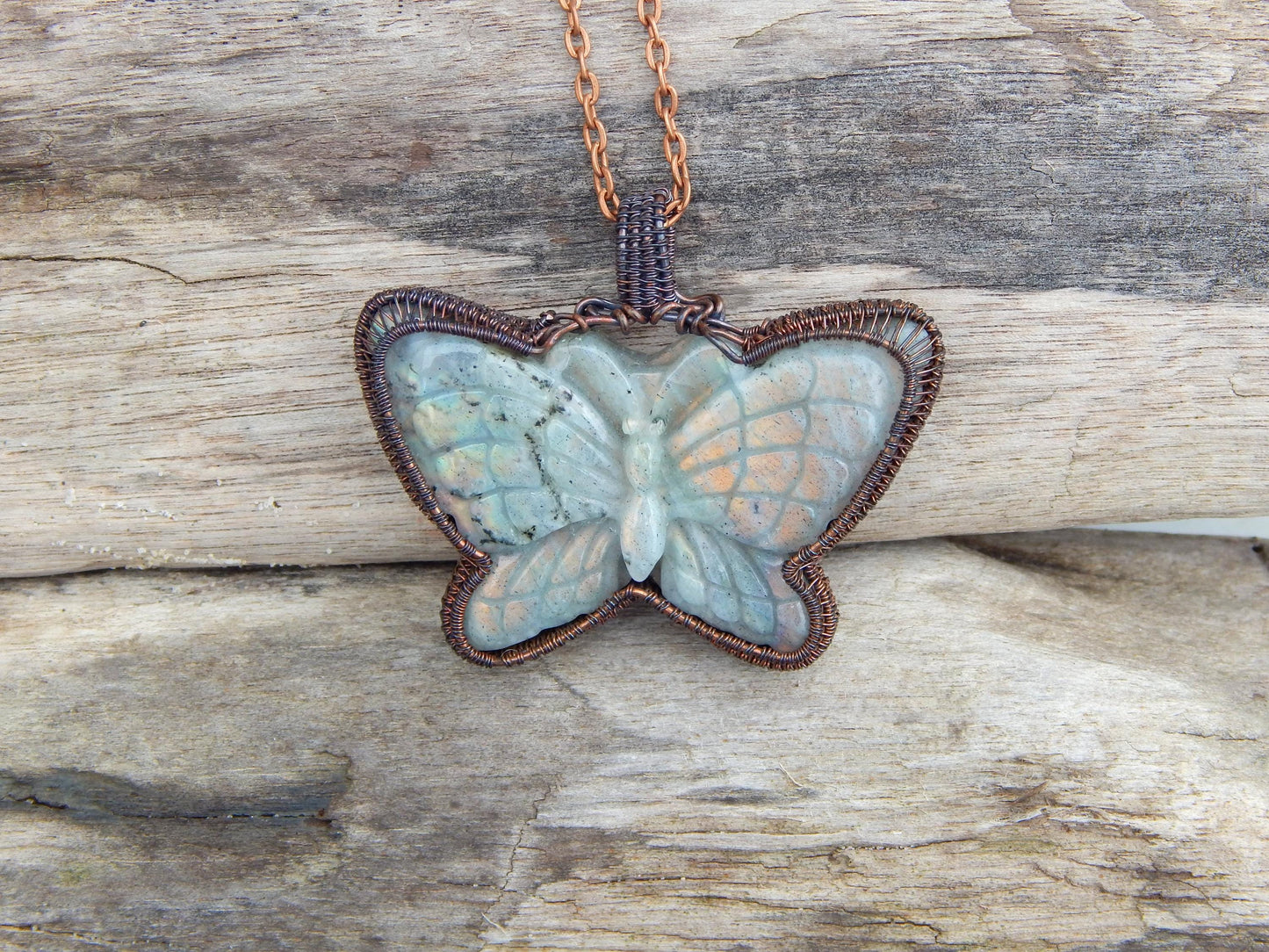 Labradorite wire wrapped butterfly pendant