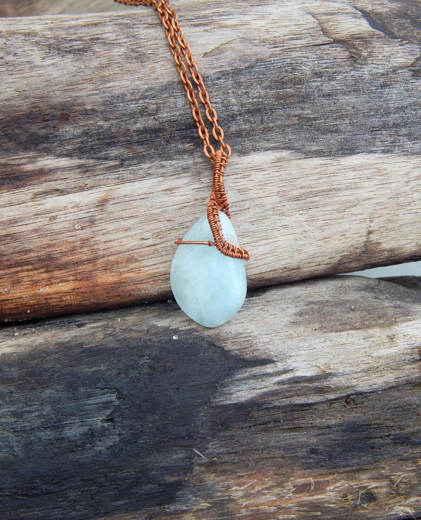 Aquamarine wire wrapped necklace pendant