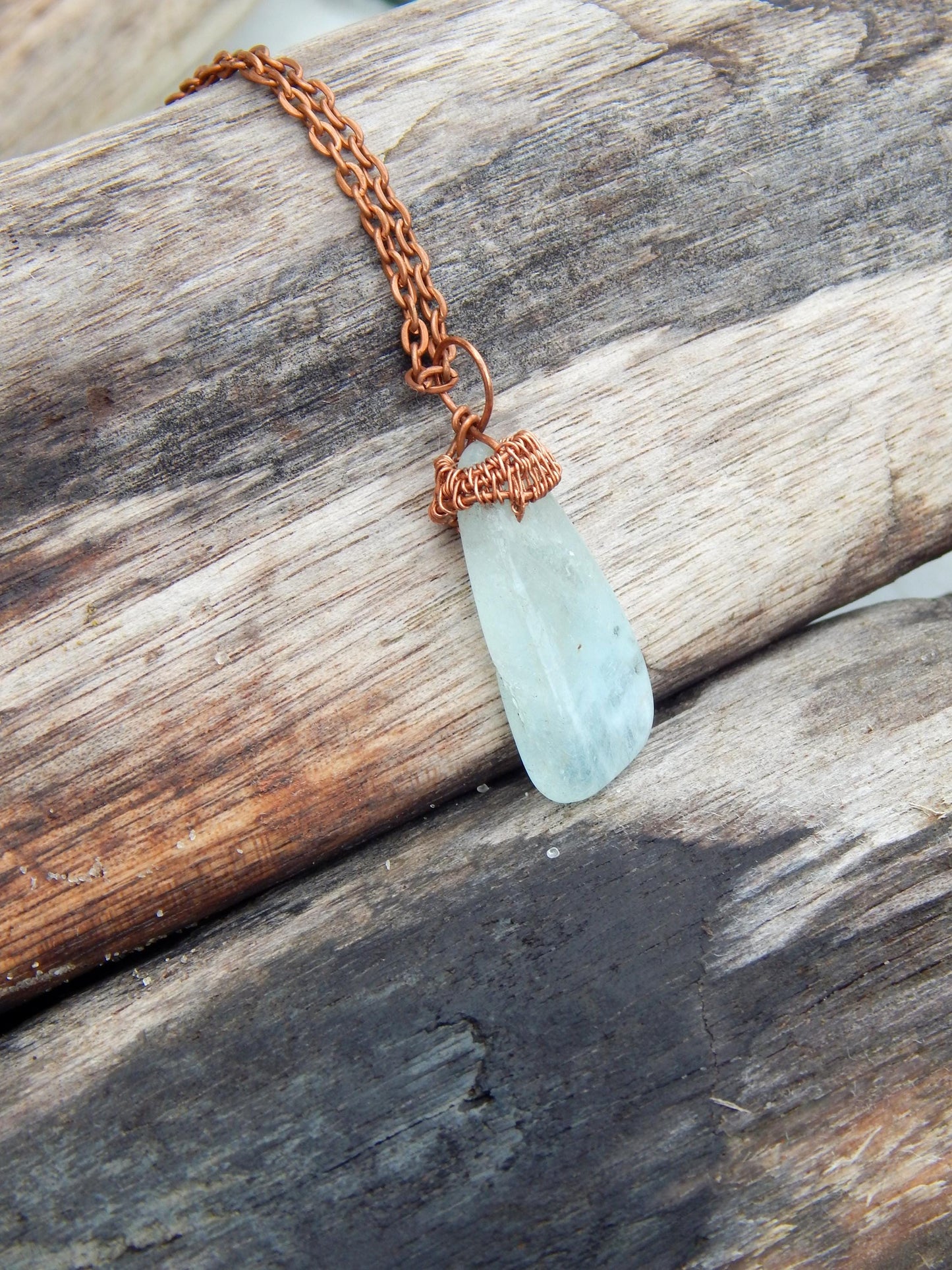 Aquamarine copper wire wrap pendant