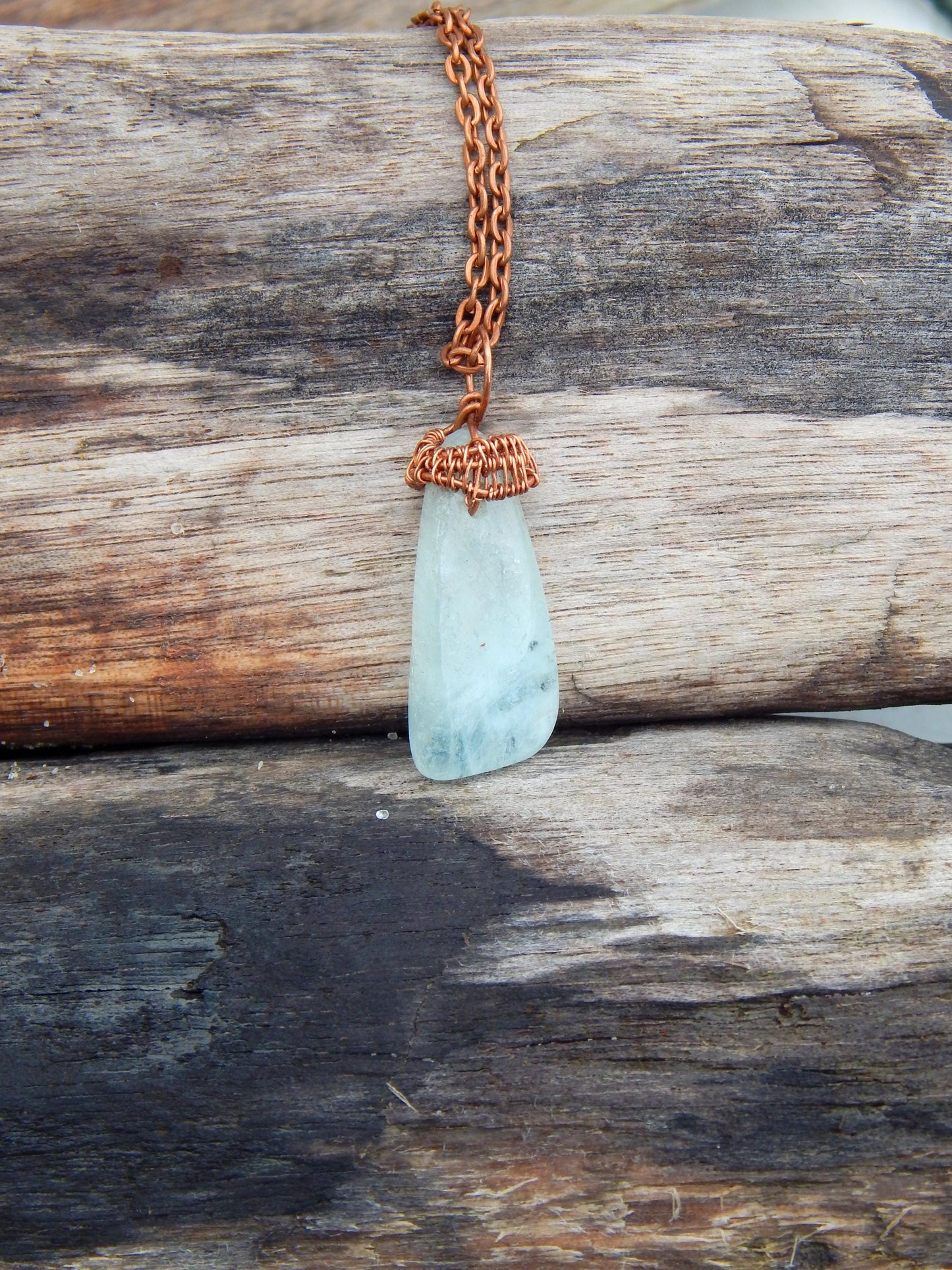 Aquamarine copper wire wrap pendant