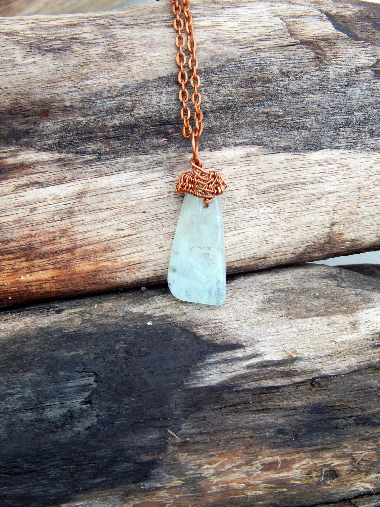 Aquamarine copper wire wrap pendant