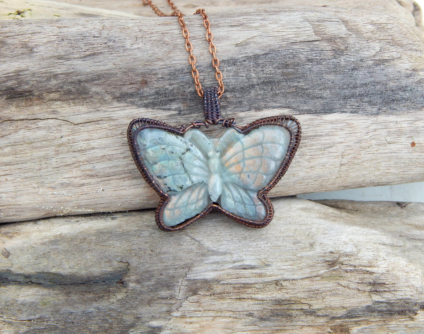 Labradorite wire wrapped butterfly pendant