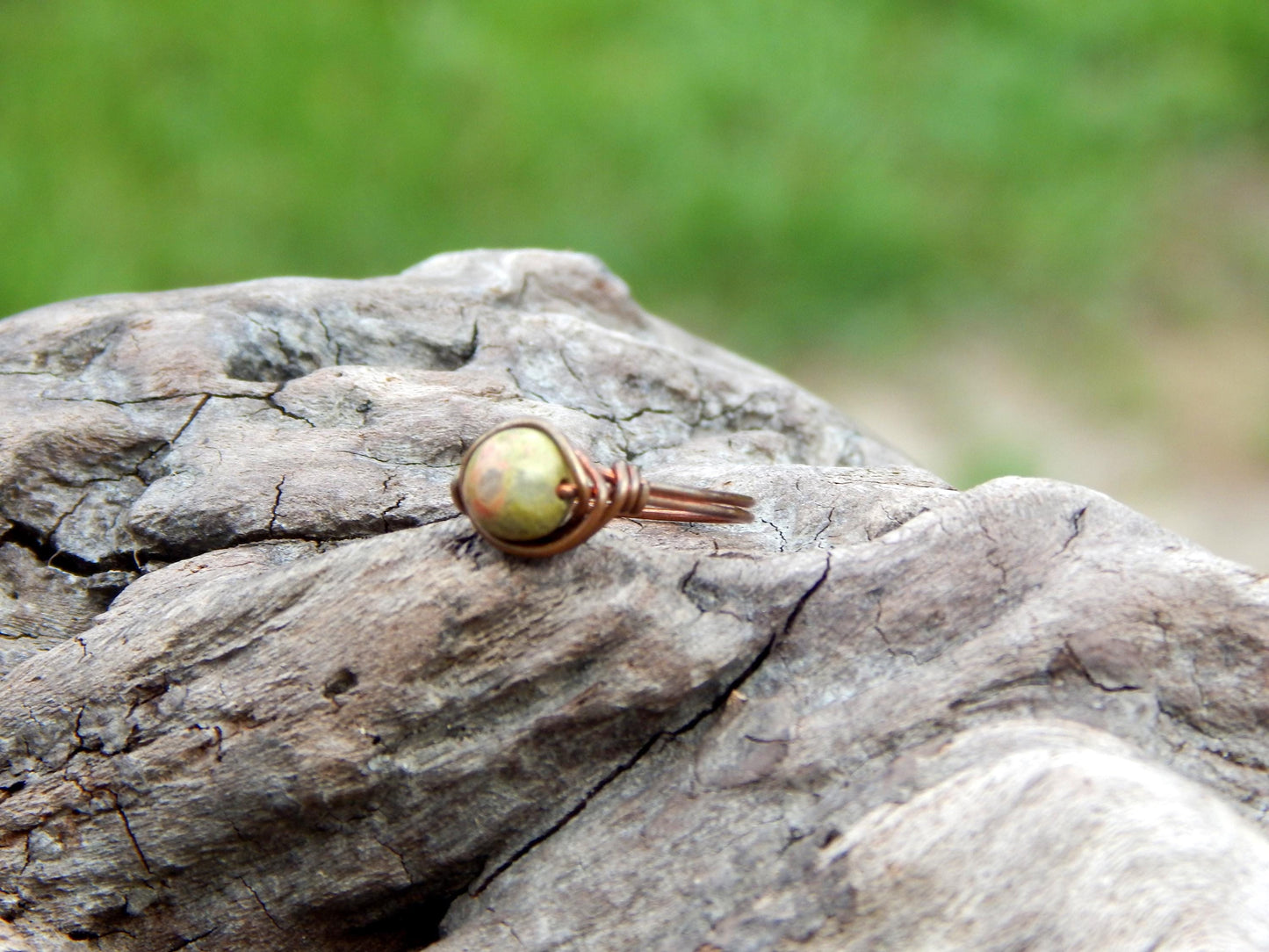 Unakite size 5 copper wire wrapped ring