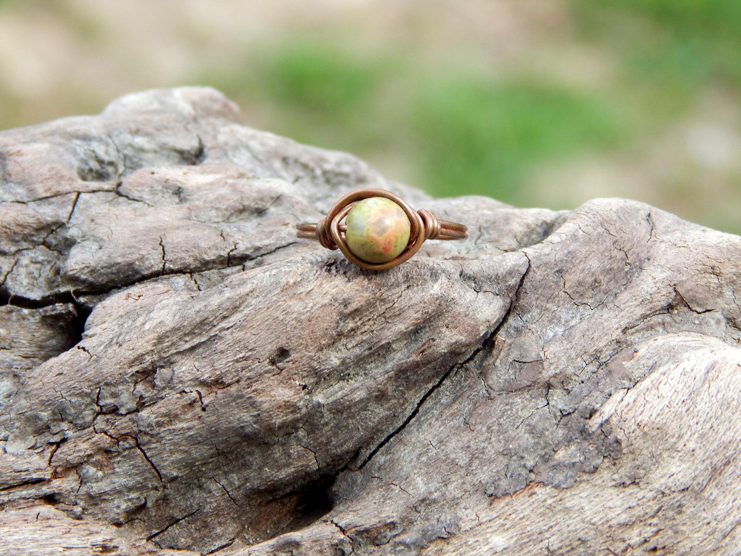 Unakite size 5 copper wire wrapped ring