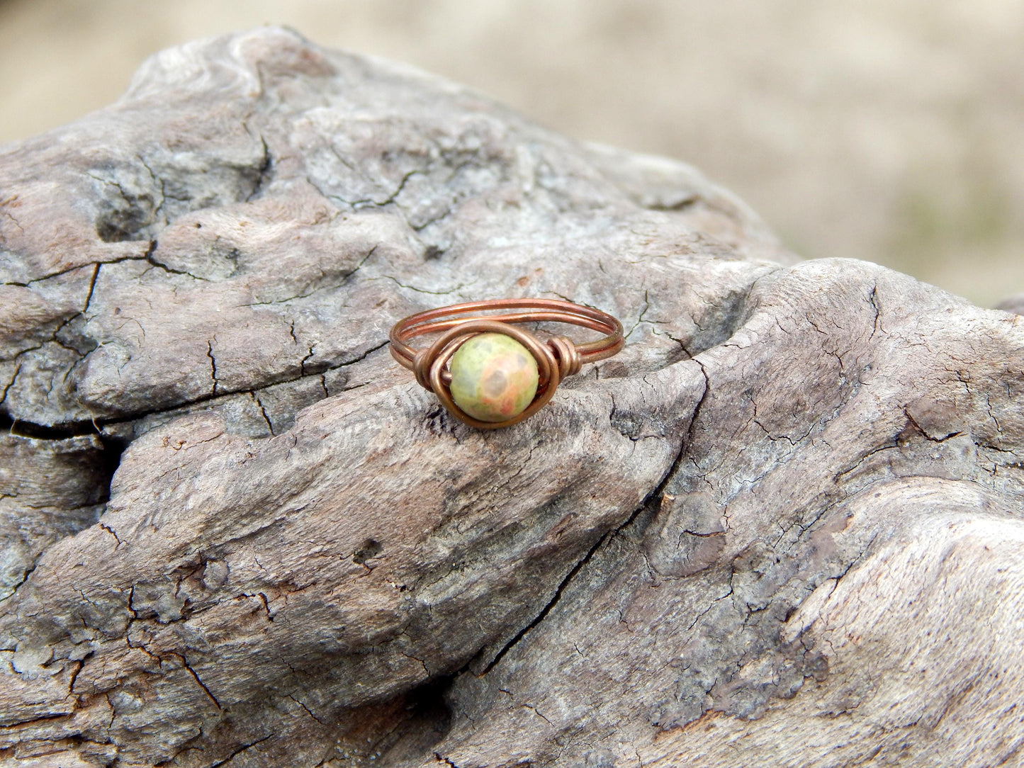 Unakite size 5 copper wire wrapped ring