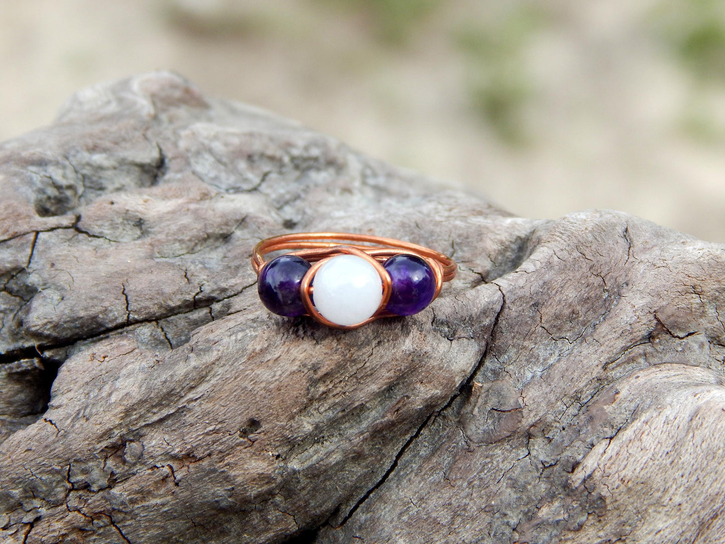 Amethyst and rose quartz size 7 ring wire wrapped ring
