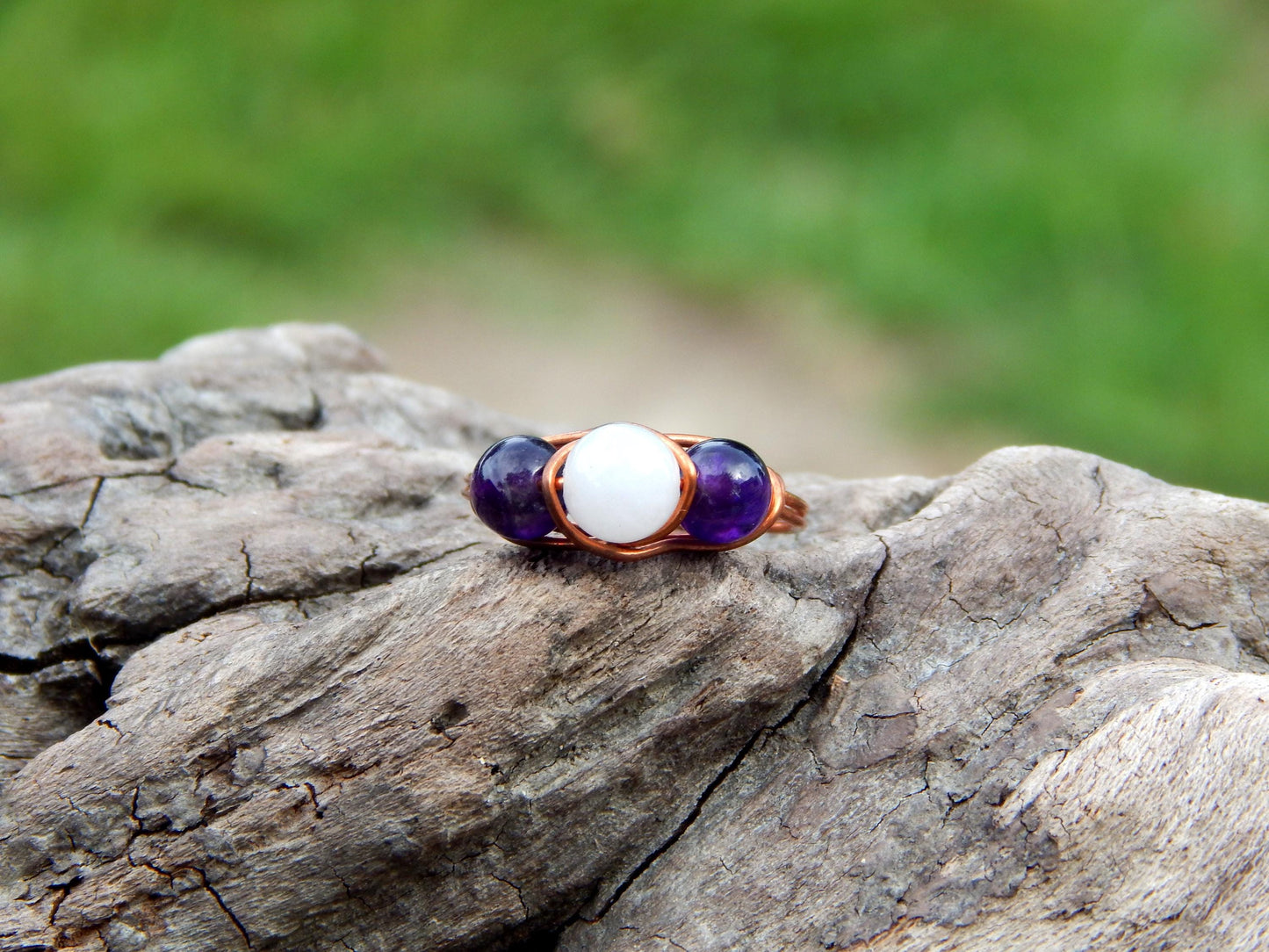 Amethyst and rose quartz size 7 ring wire wrapped ring