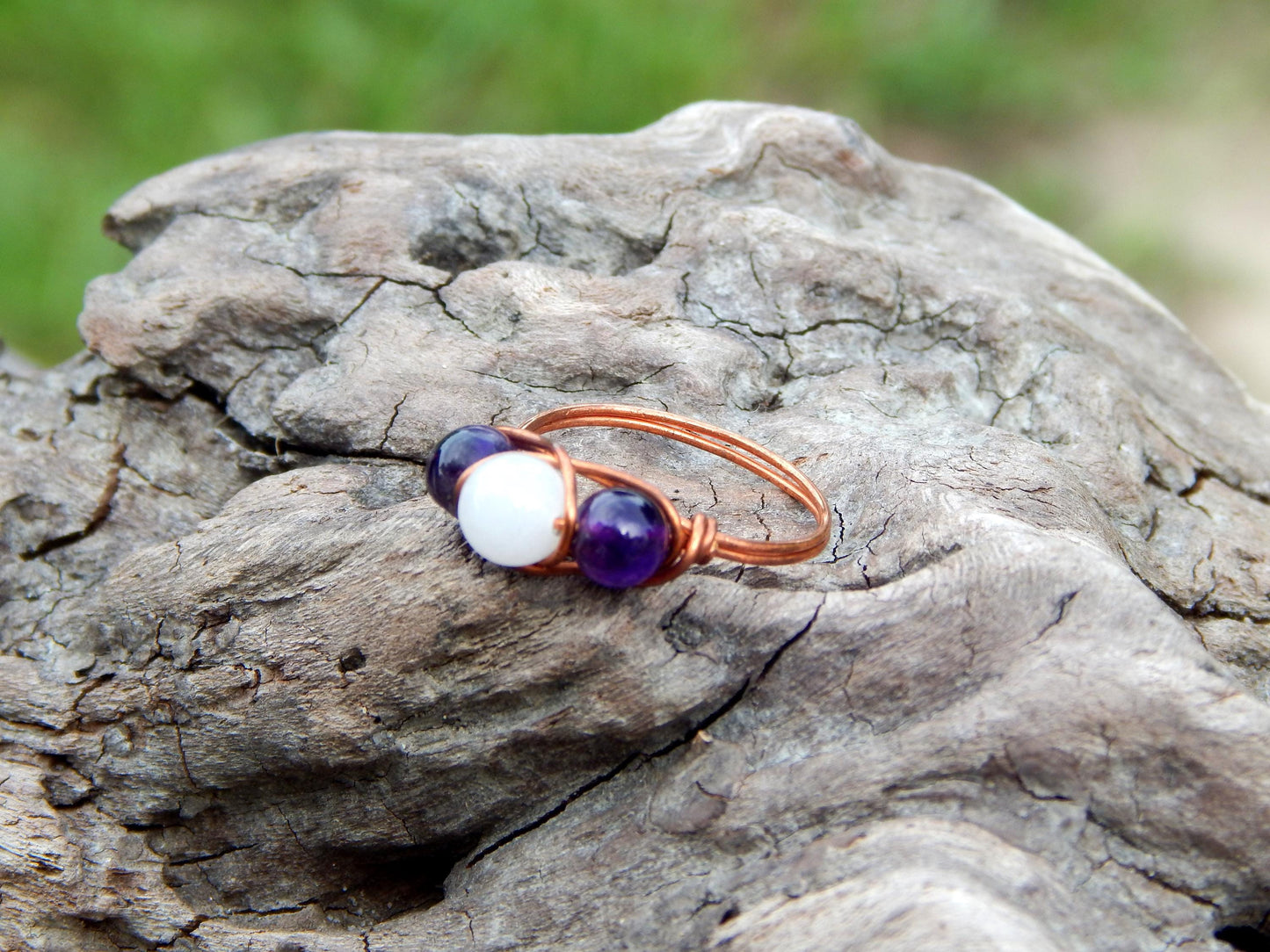Amethyst and rose quartz size 7 ring wire wrapped ring