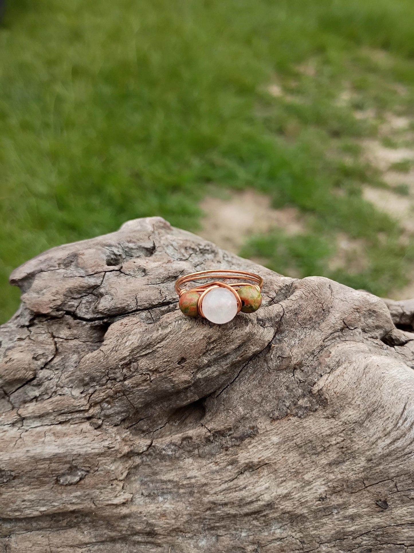Unakite and rose quartz wire wrapped ring size 11 and a half