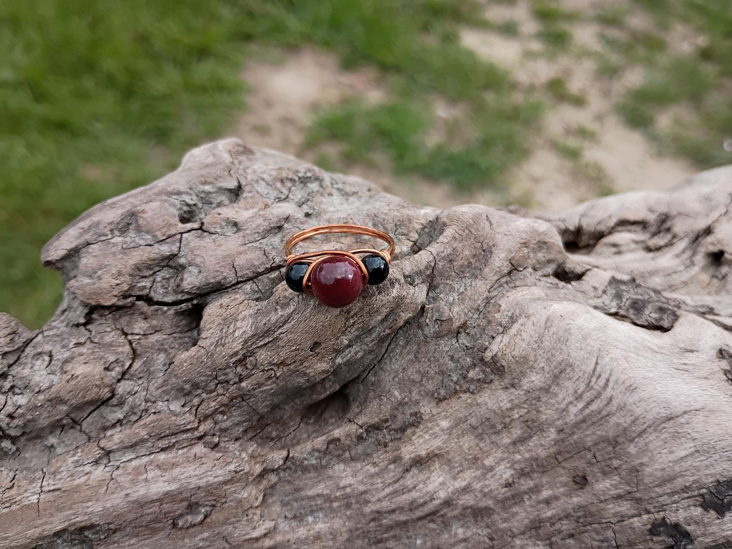 Mookaite and obsidian wire wrapped size 8 ring