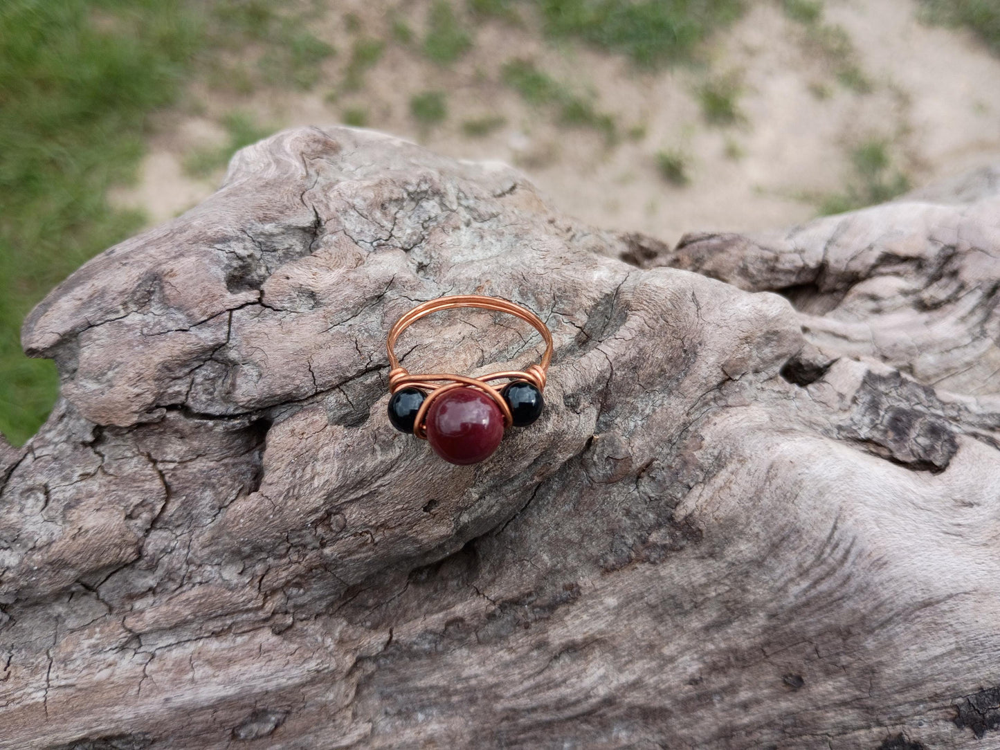 Mookaite and obsidian wire wrapped size 8 ring