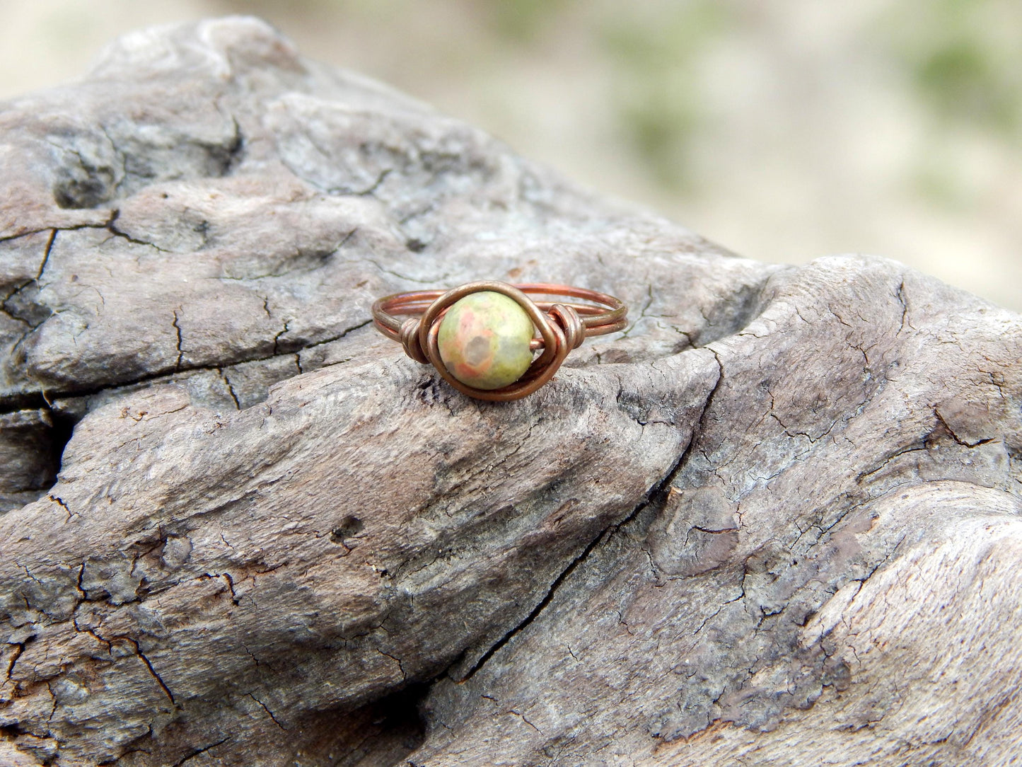 Unakite size 5 copper wire wrapped ring