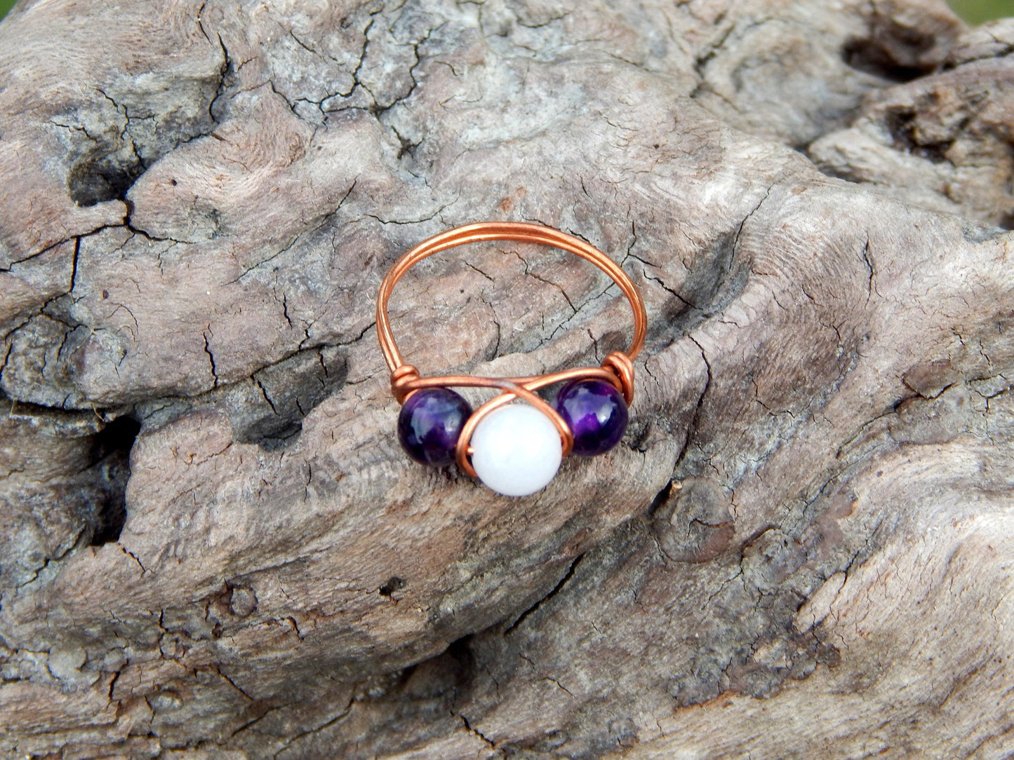 Amethyst and rose quartz size 7 ring wire wrapped ring