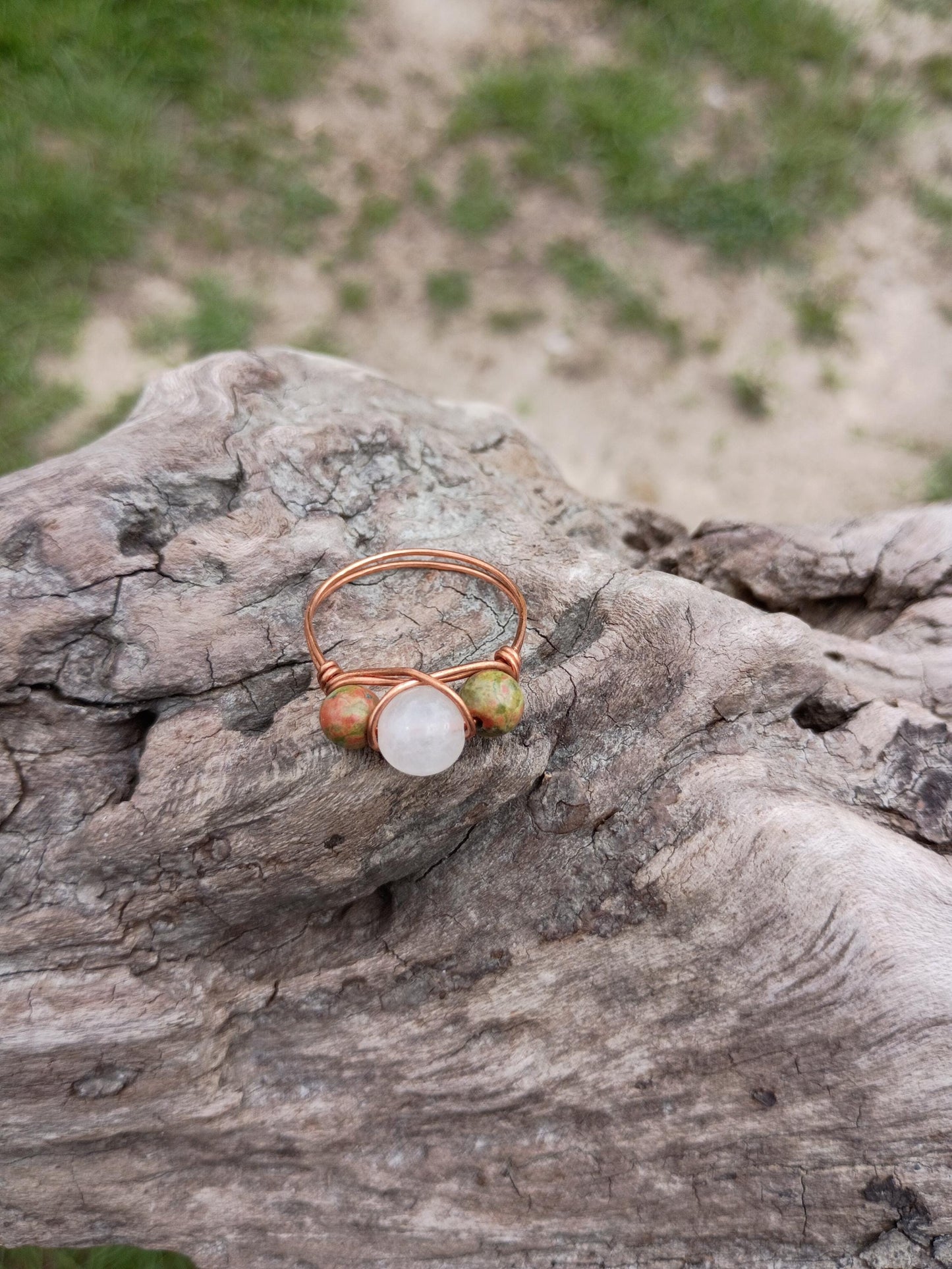 Unakite and rose quartz wire wrapped ring size 11 and a half
