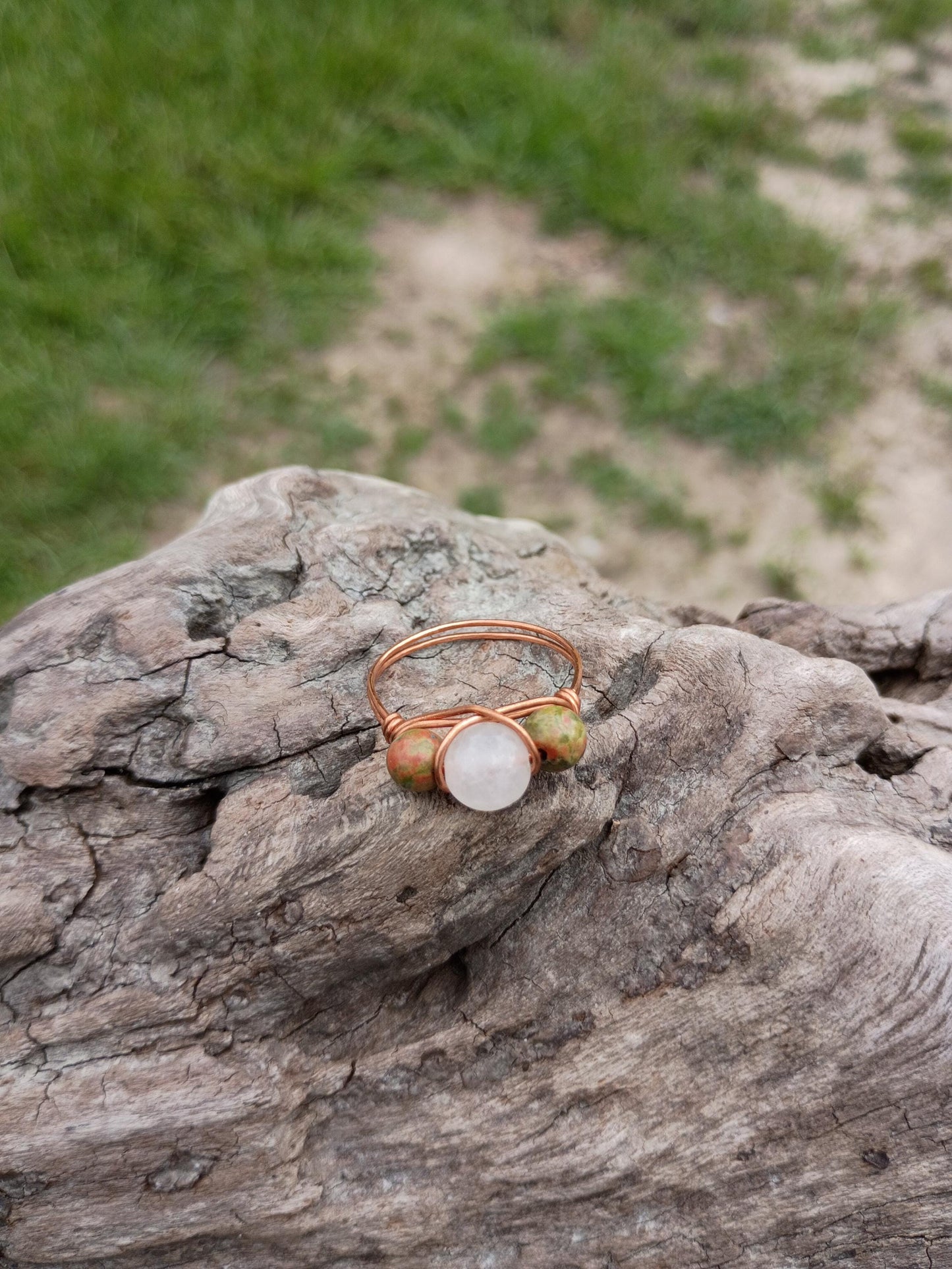 Unakite and rose quartz wire wrapped ring size 11 and a half