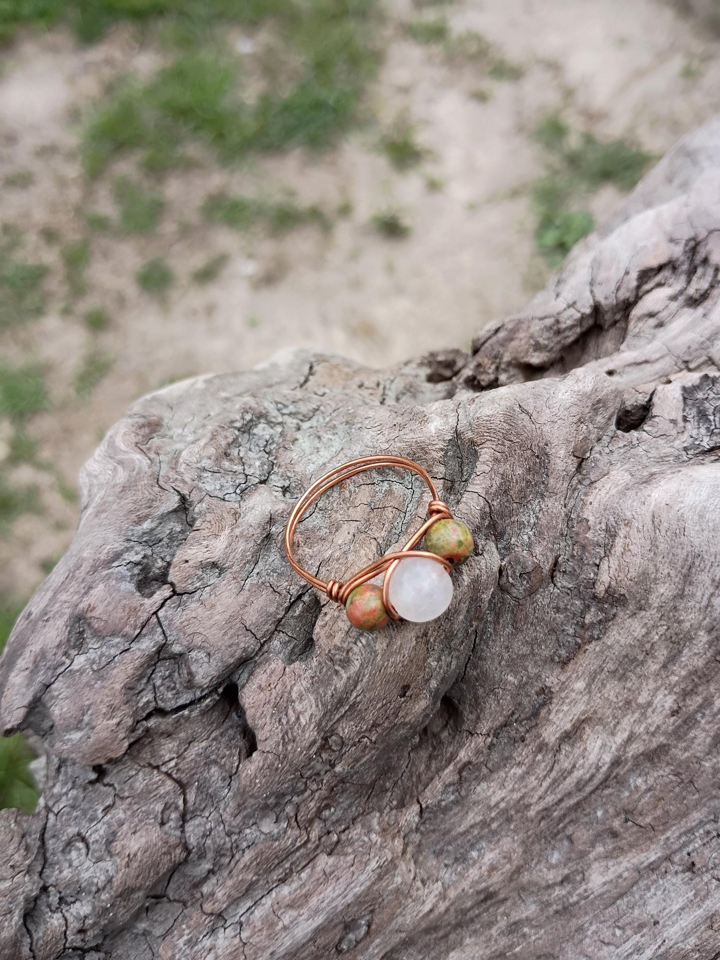 Unakite and rose quartz wire wrapped ring size 11 and a half