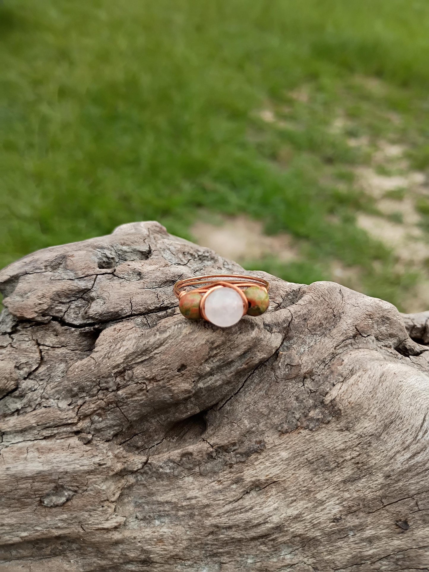 Unakite and rose quartz wire wrapped ring size 11 and a half