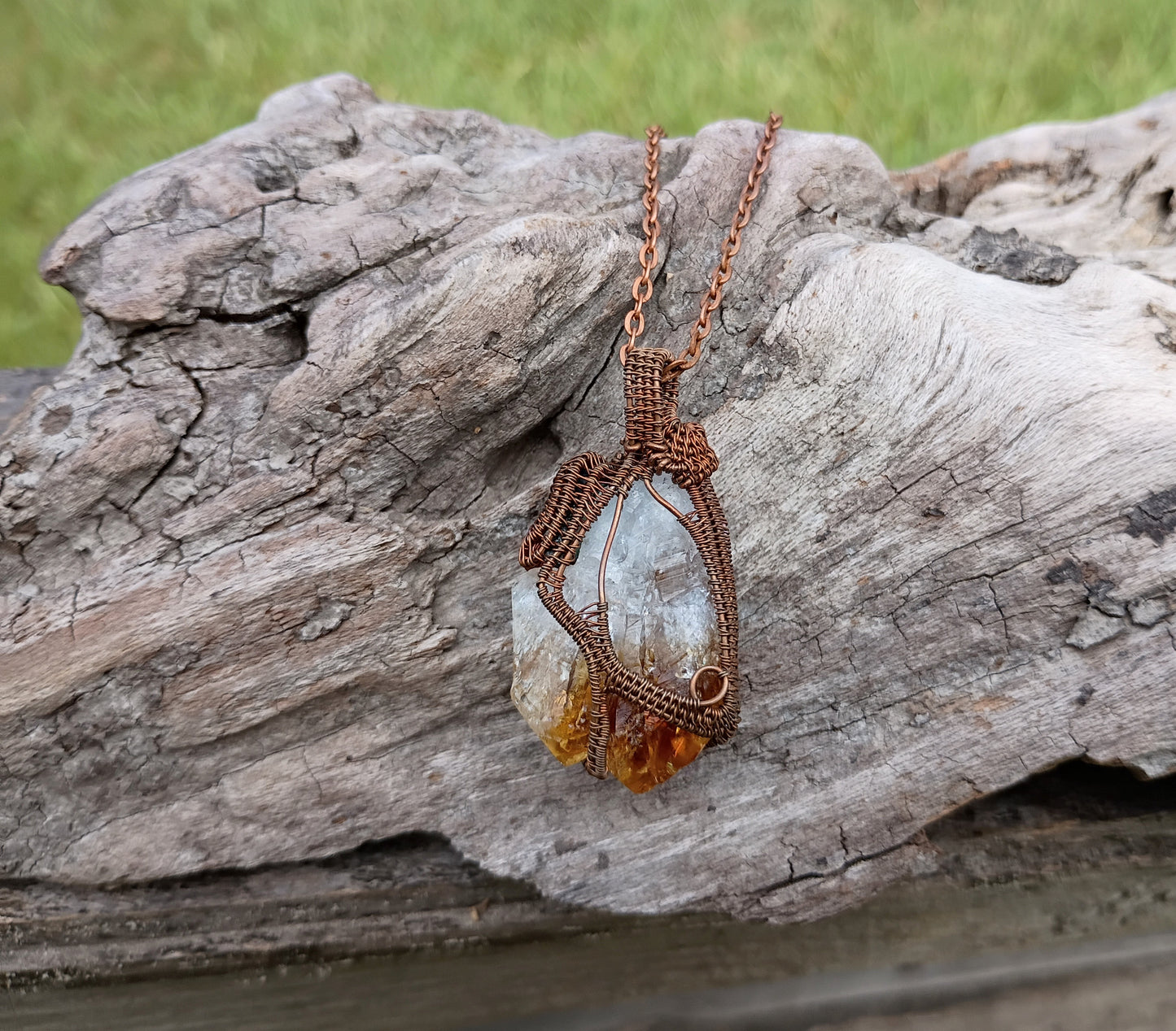 Citrine and watermelon tourmaline wire wrapped pendant