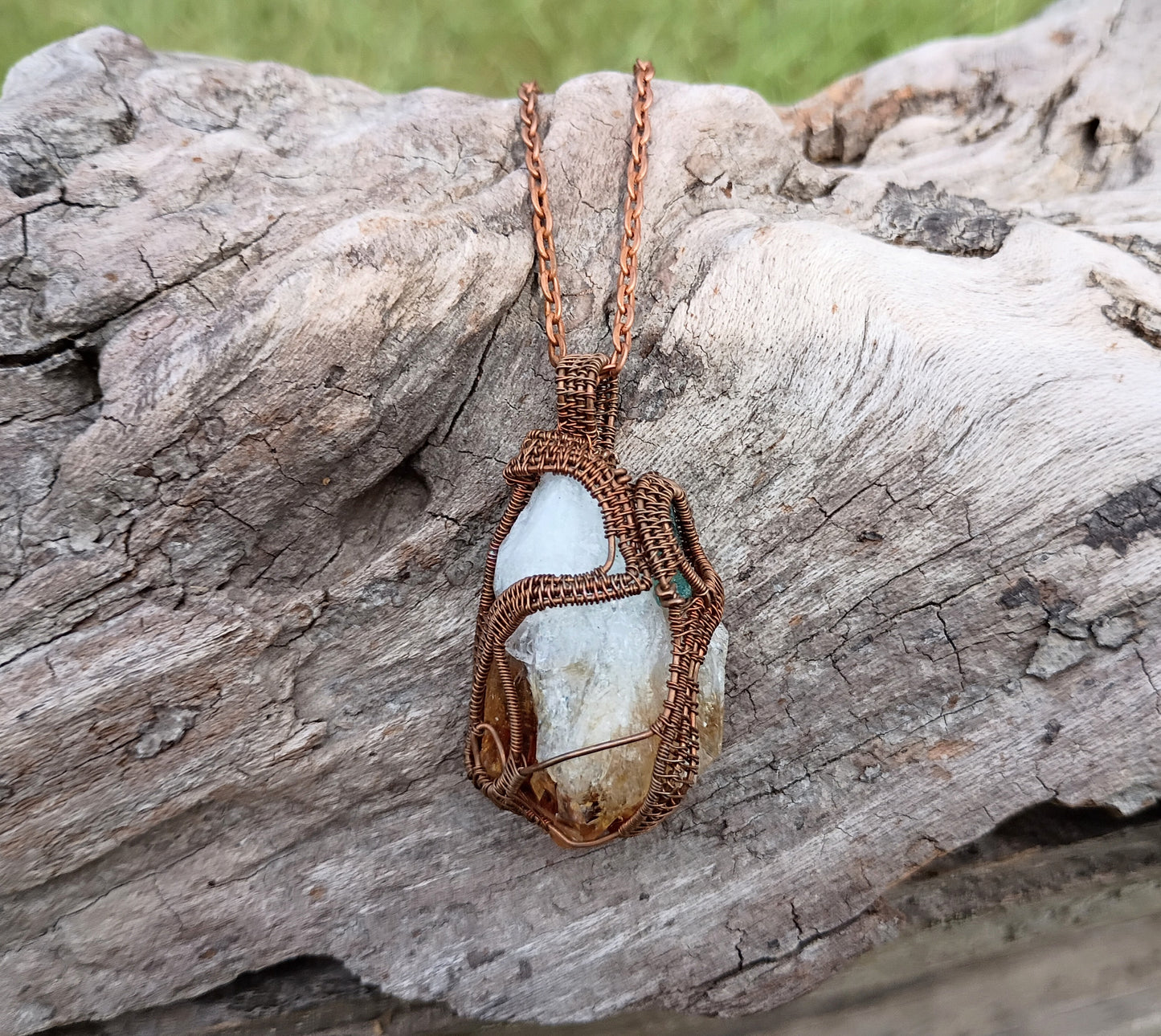Citrine and watermelon tourmaline wire wrapped pendant