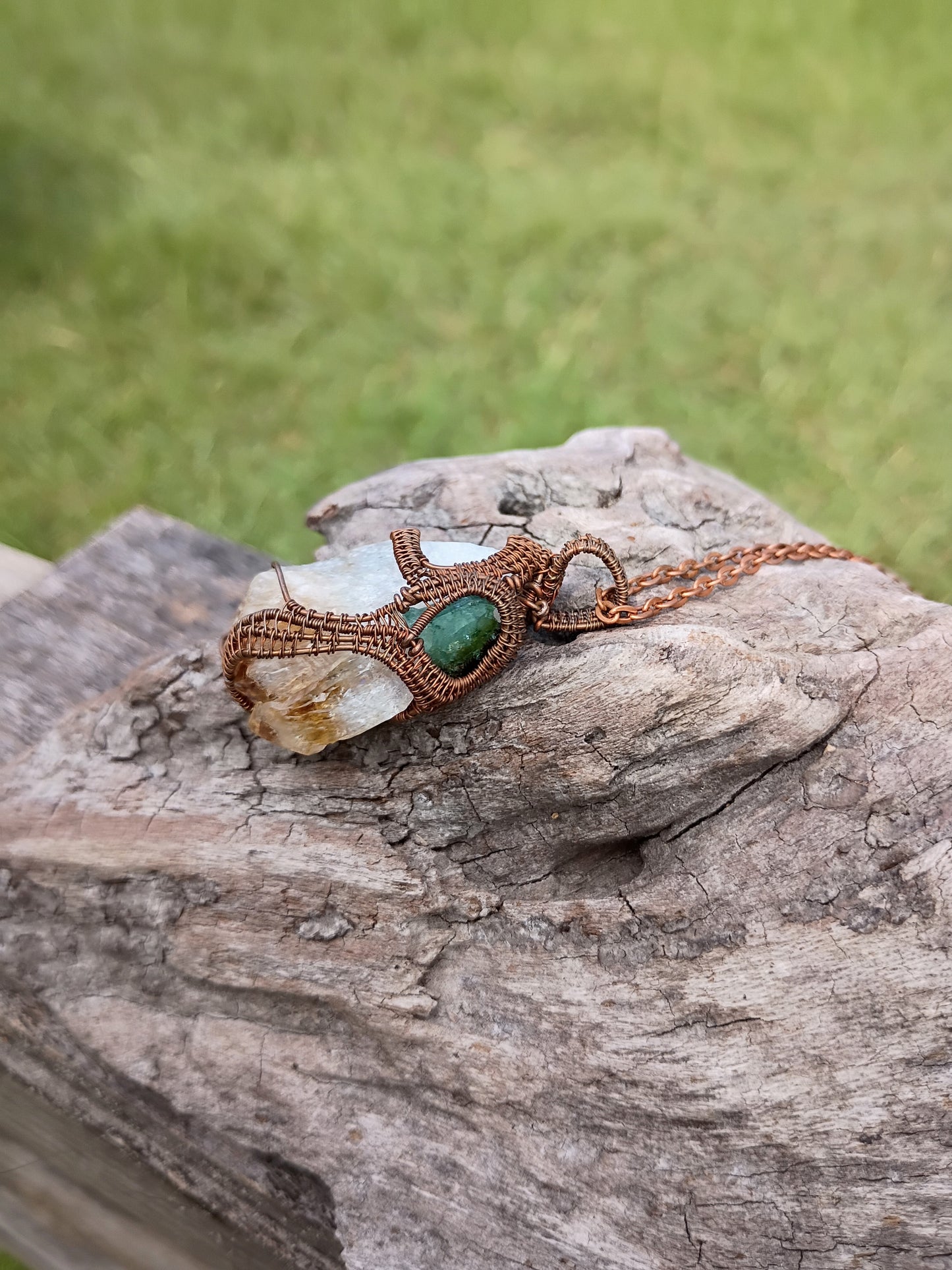Citrine and watermelon tourmaline wire wrapped pendant