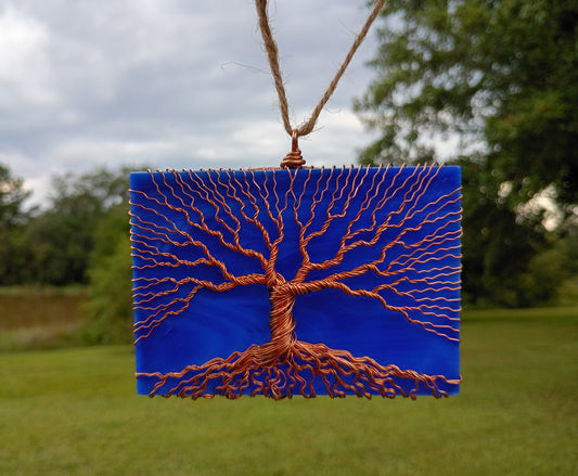 Blue stained glass tree of life suncatcher