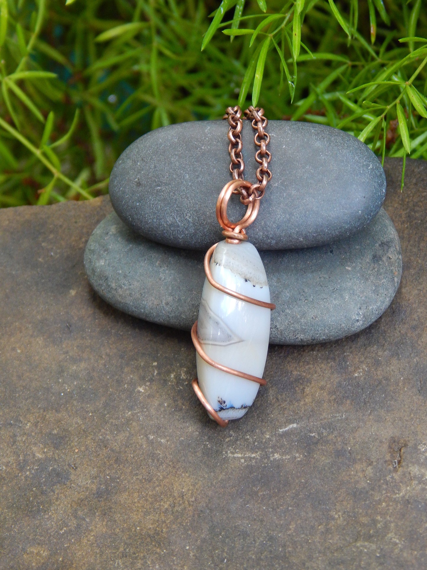 Agate necklace, wire wrapped pendant, boho gift under 20, agate jewelry, earthy necklace, copper wire  wrap, minimalist gemstone, hippie