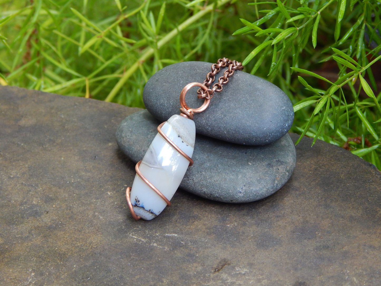 Agate necklace, wire wrapped pendant, boho gift under 20, agate jewelry, earthy necklace, copper wire  wrap, minimalist gemstone, hippie