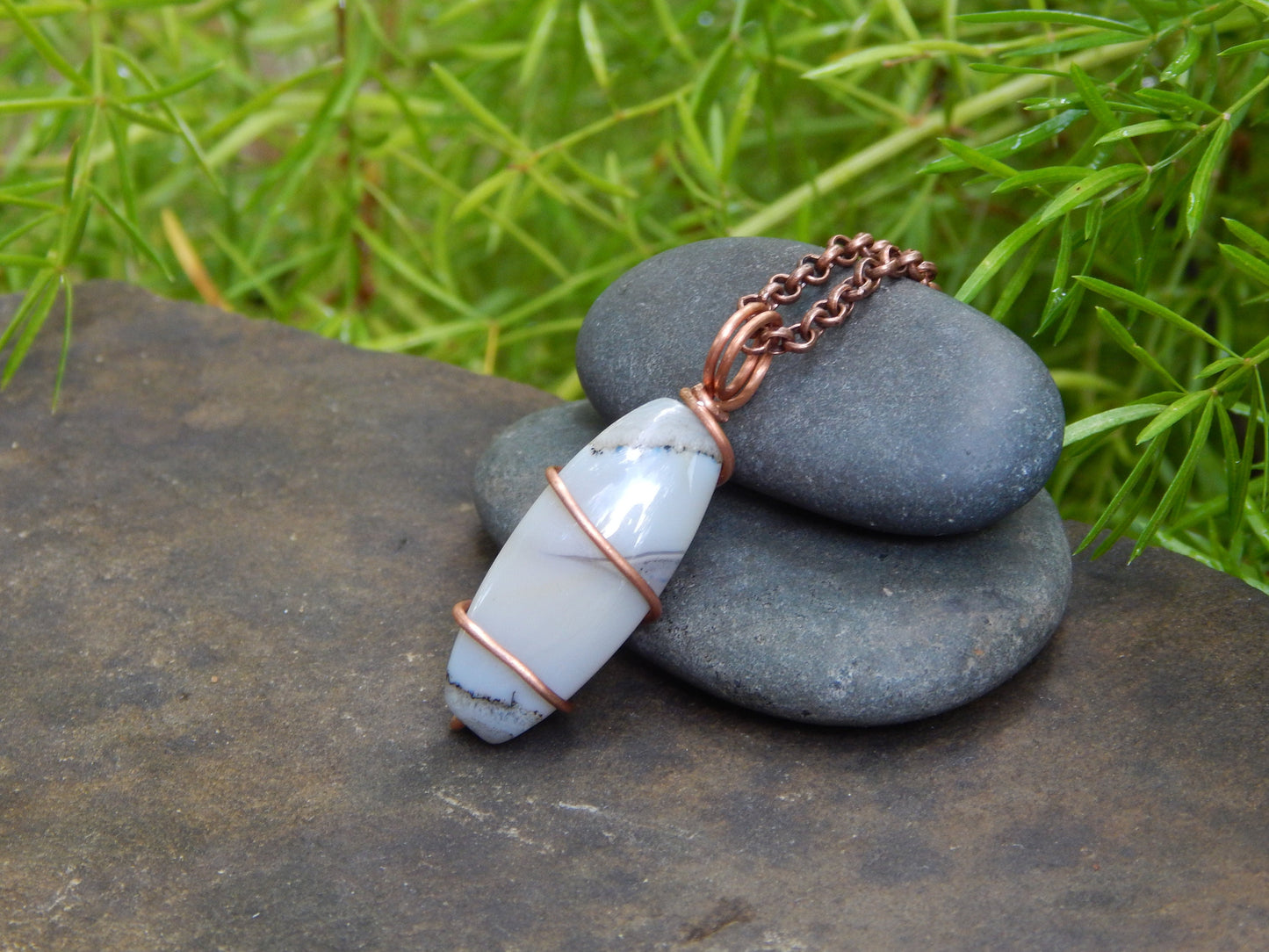Agate necklace, wire wrapped pendant, boho gift under 20, agate jewelry, earthy necklace, copper wire  wrap, minimalist gemstone, hippie
