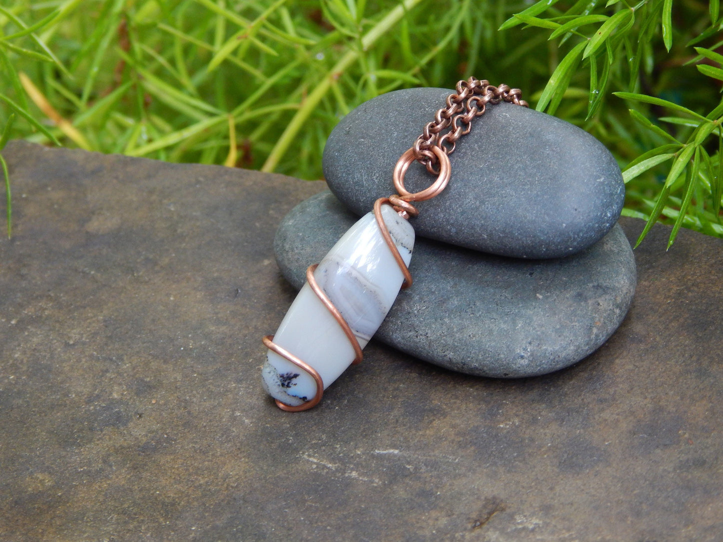 Agate necklace, wire wrapped pendant, boho gift under 20, agate jewelry, earthy necklace, copper wire  wrap, minimalist gemstone, hippie